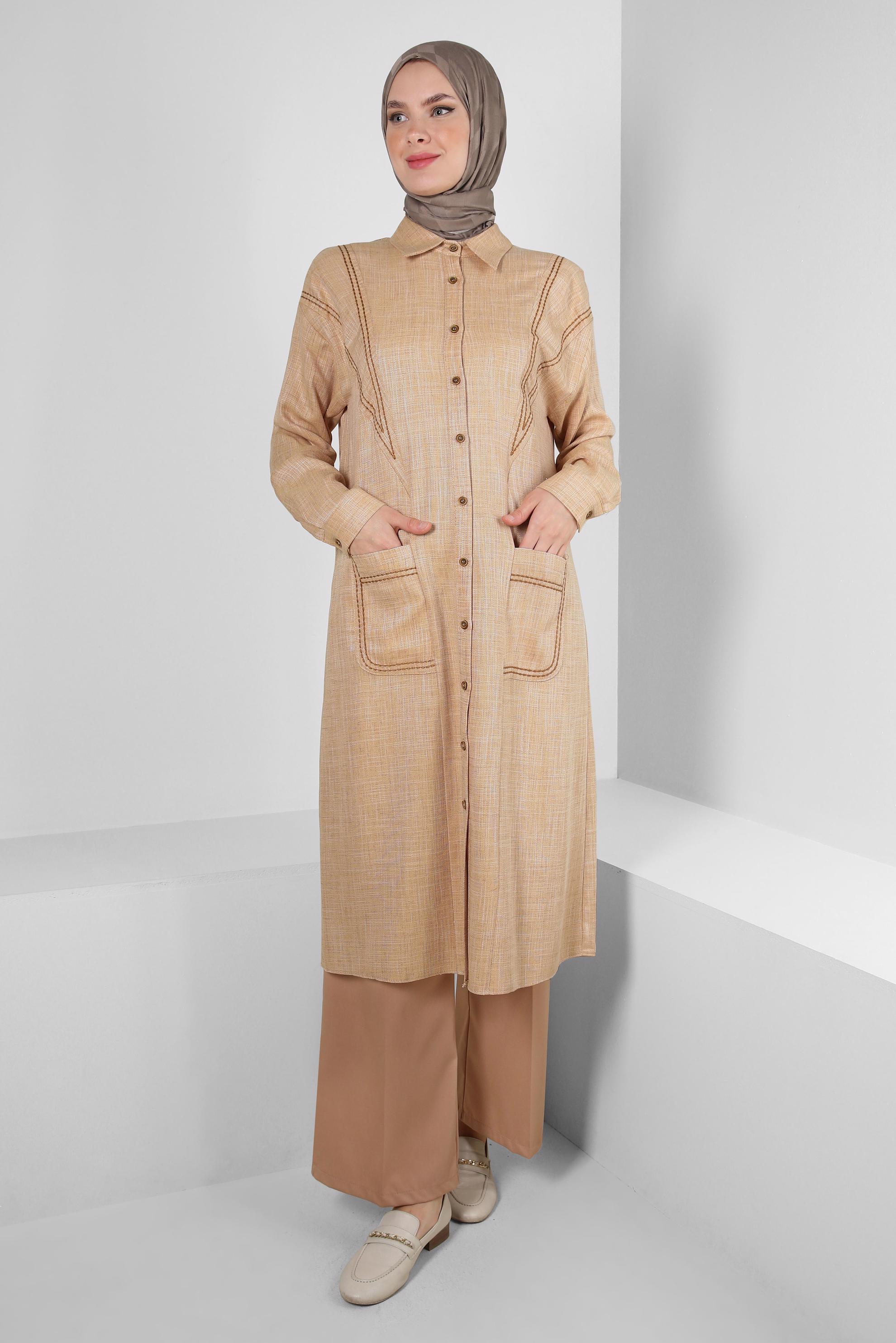 Tesettür giyim SARI DİKİŞ DETAYLI CEPLİ DÜĞMELİ TUNİK 43808 