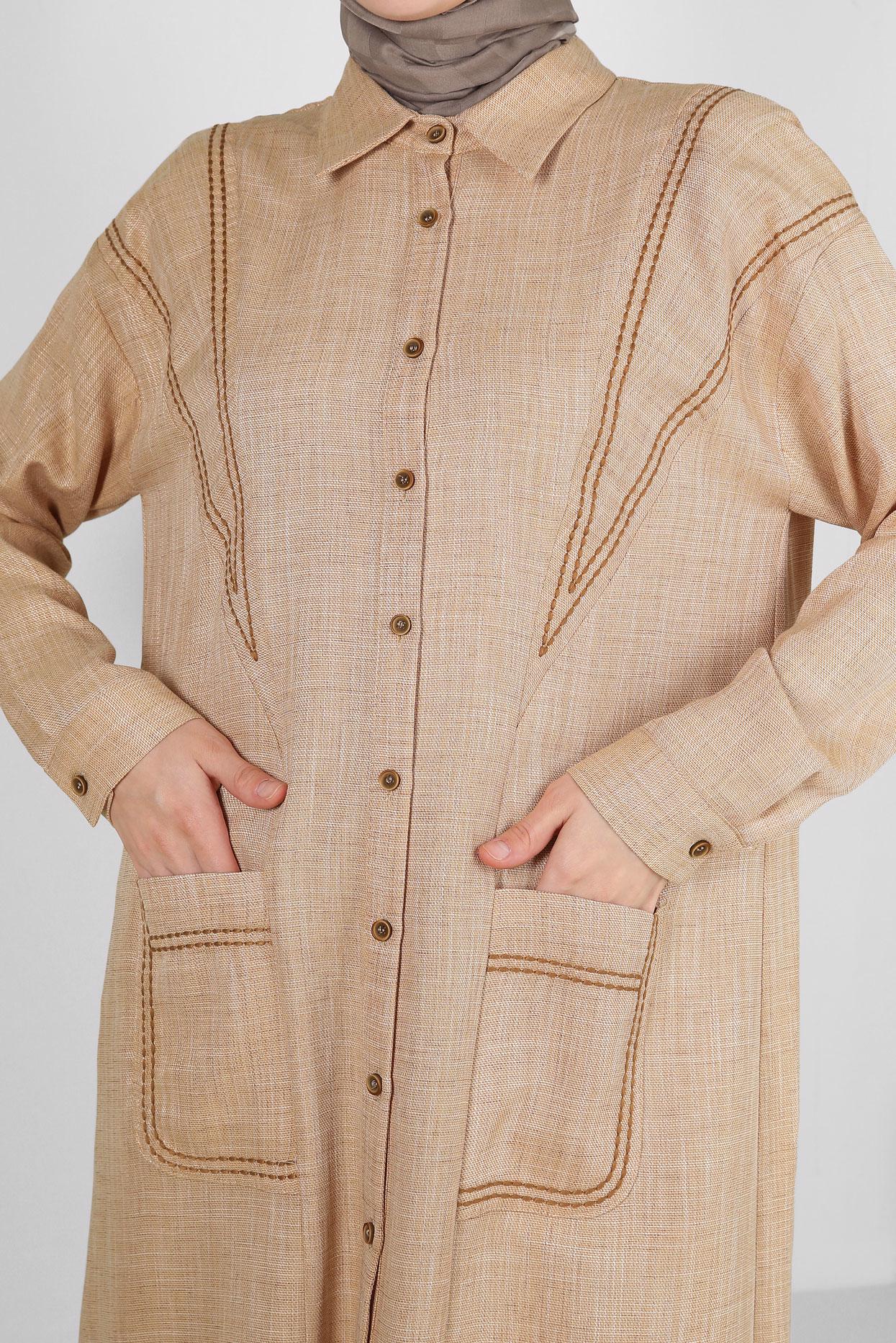 Tesettür giyim SARI DİKİŞ DETAYLI CEPLİ DÜĞMELİ TUNİK 43808 