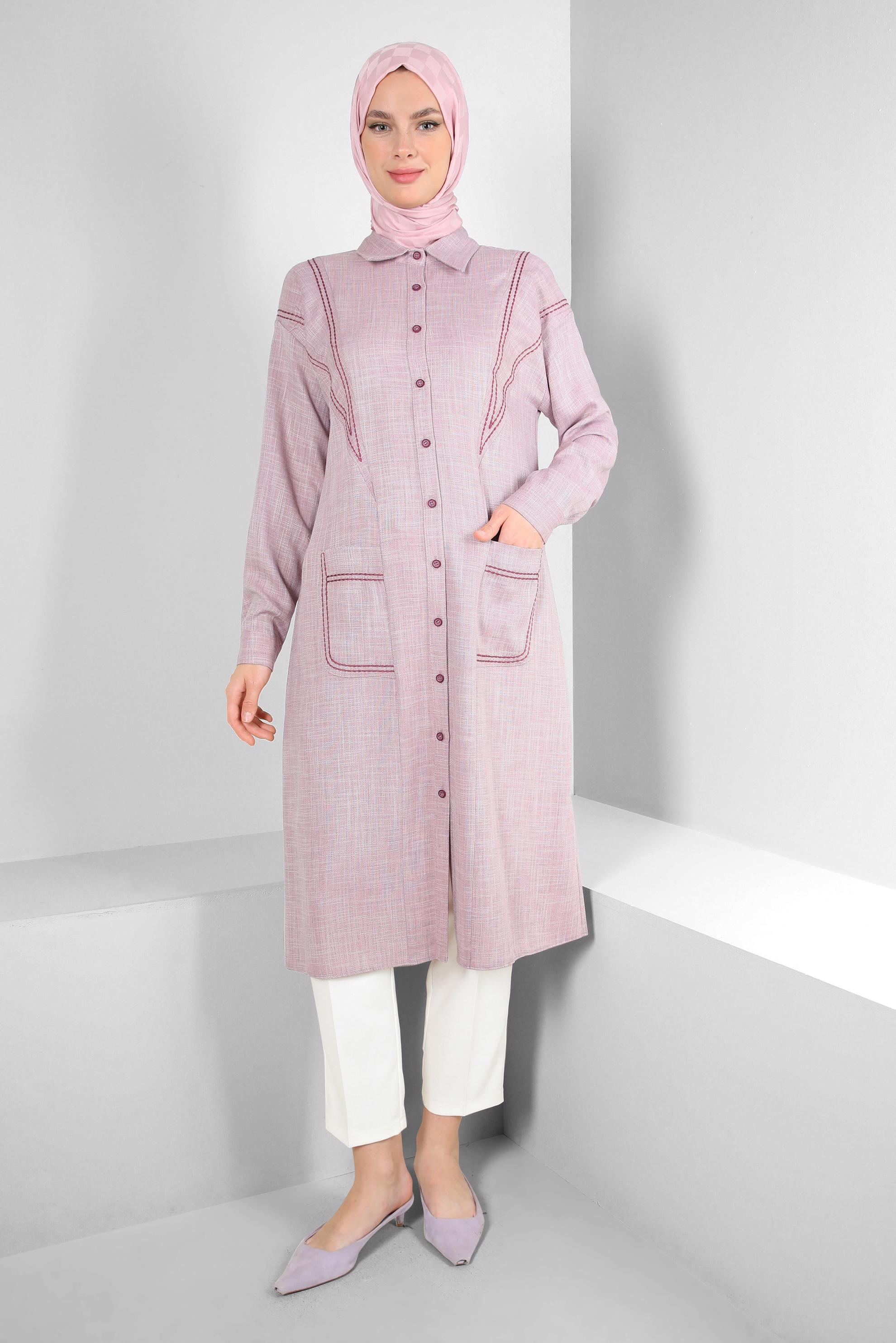 Tesettür giyim MOR DİKİŞ DETAYLI CEPLİ DÜĞMELİ TUNİK 43808 