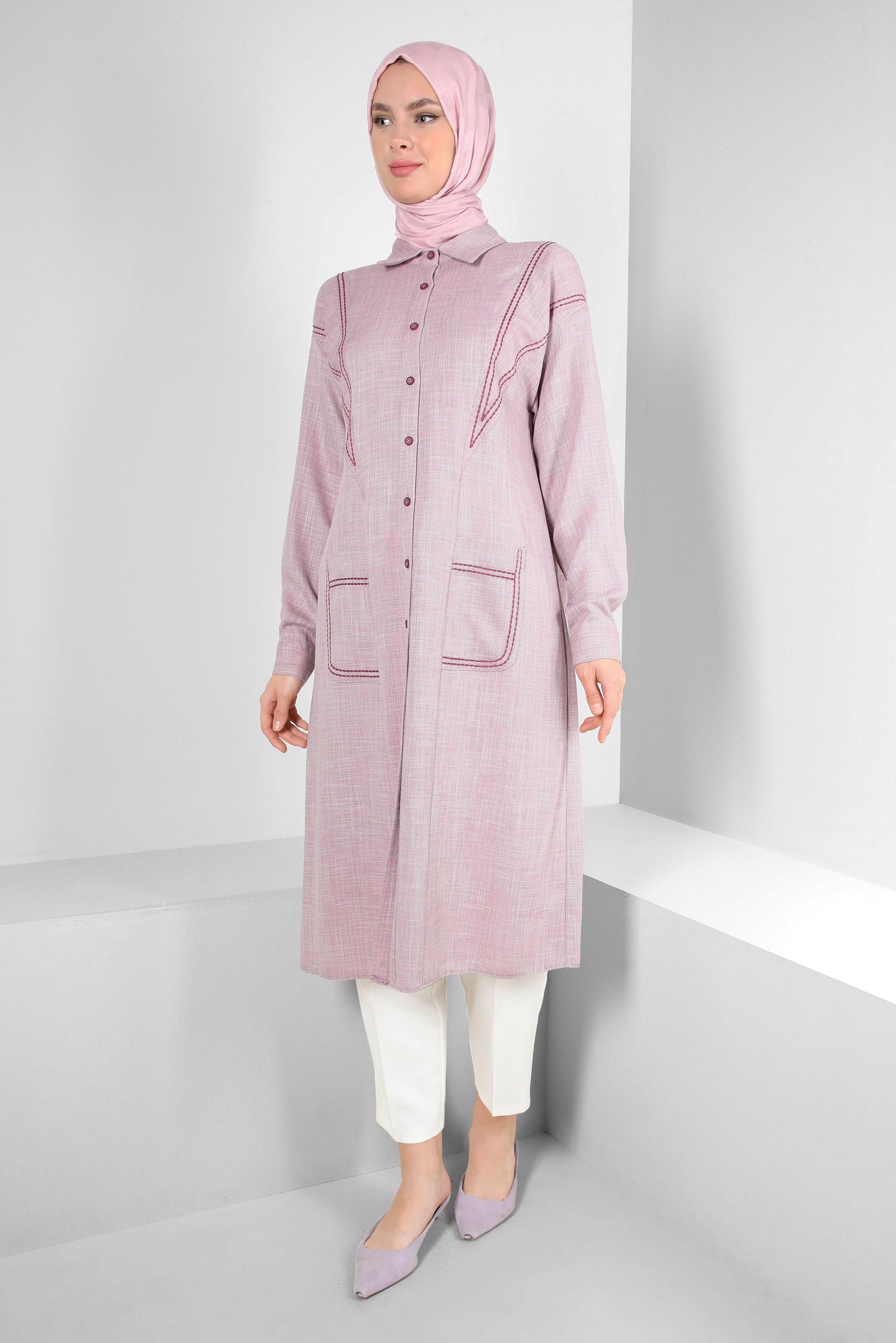 Tesettür giyim MOR DİKİŞ DETAYLI CEPLİ DÜĞMELİ TUNİK 43808 