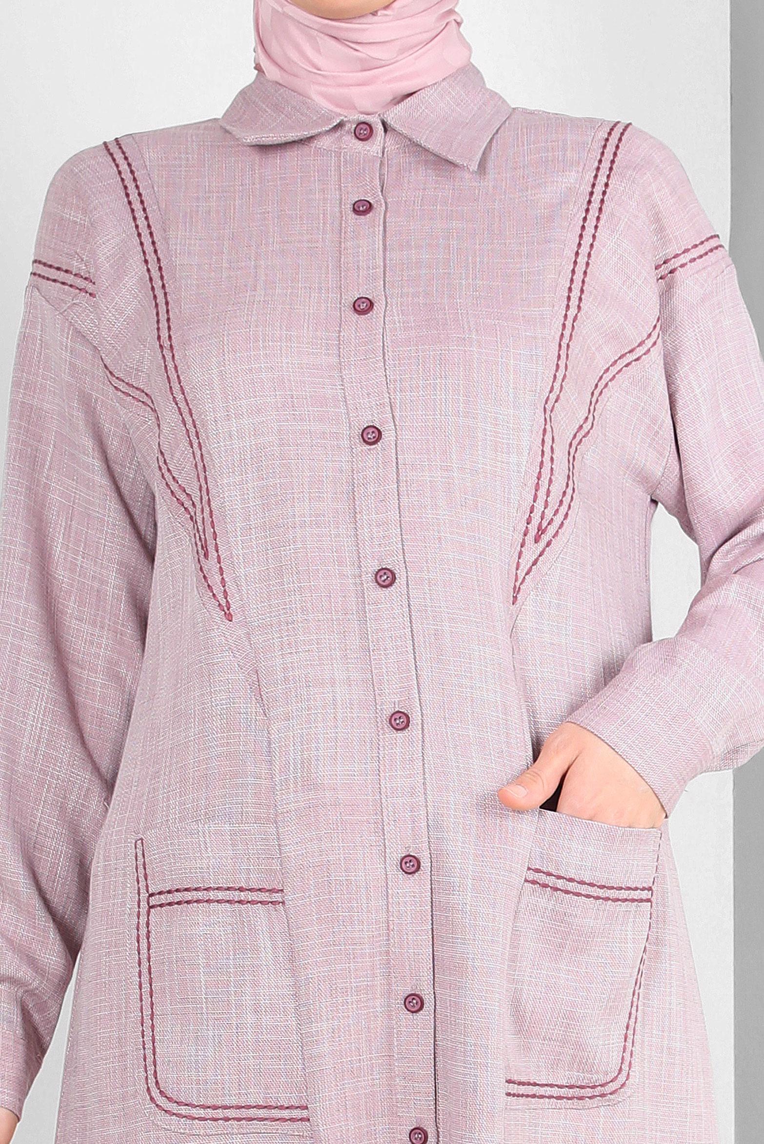 Tesettür giyim MOR DİKİŞ DETAYLI CEPLİ DÜĞMELİ TUNİK 43808 