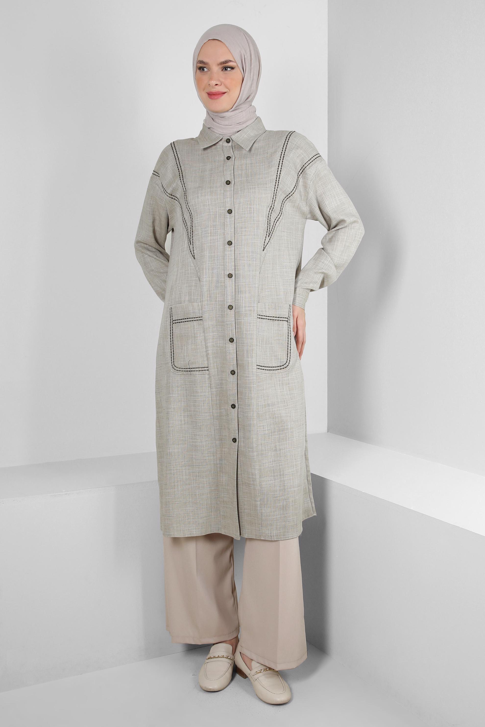 Tesettür giyim HAKİ DİKİŞ DETAYLI CEPLİ DÜĞMELİ TUNİK 43808 