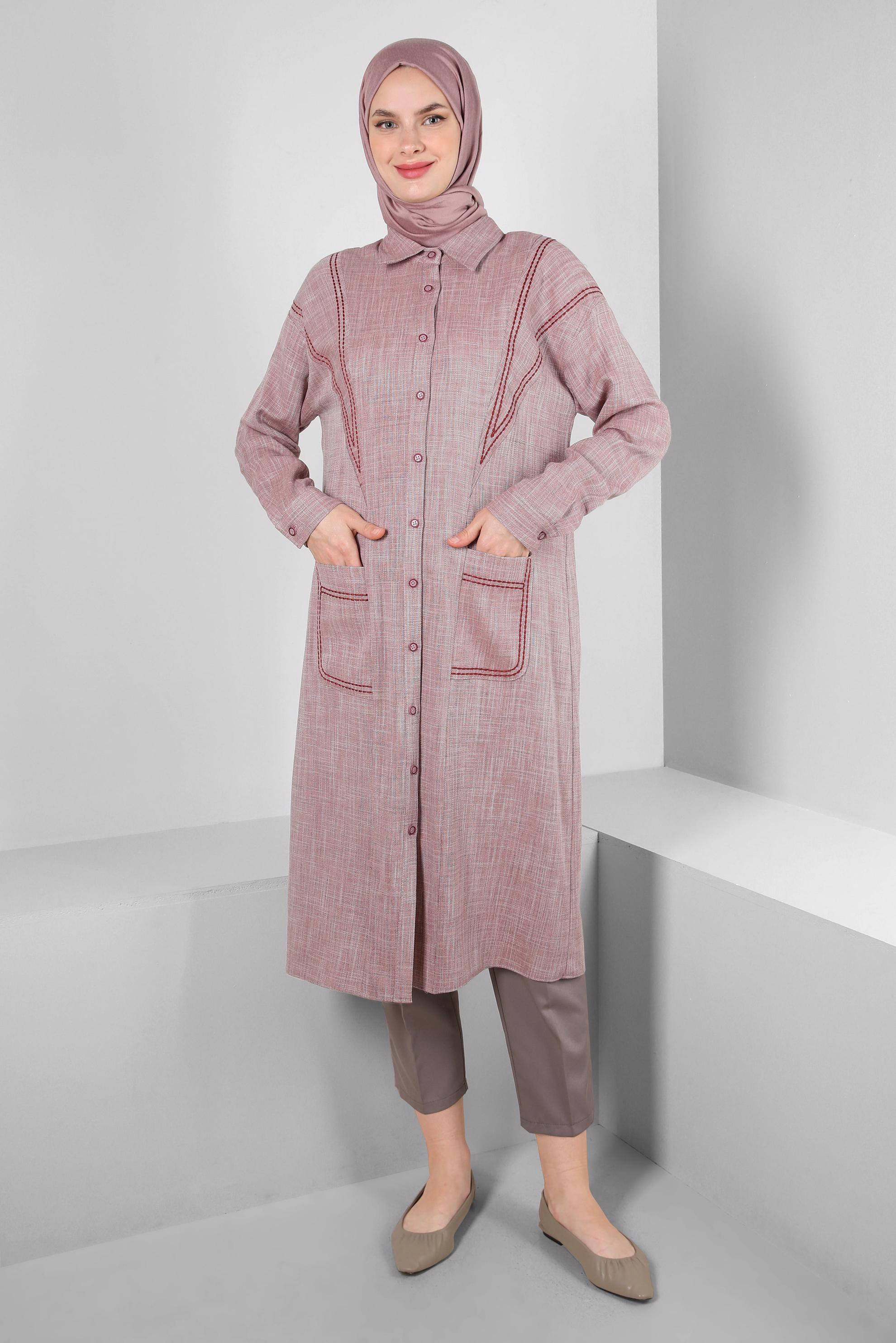 Tesettür giyim TURUNCU DİKİŞ DETAYLI CEPLİ DÜĞMELİ TUNİK 43808 