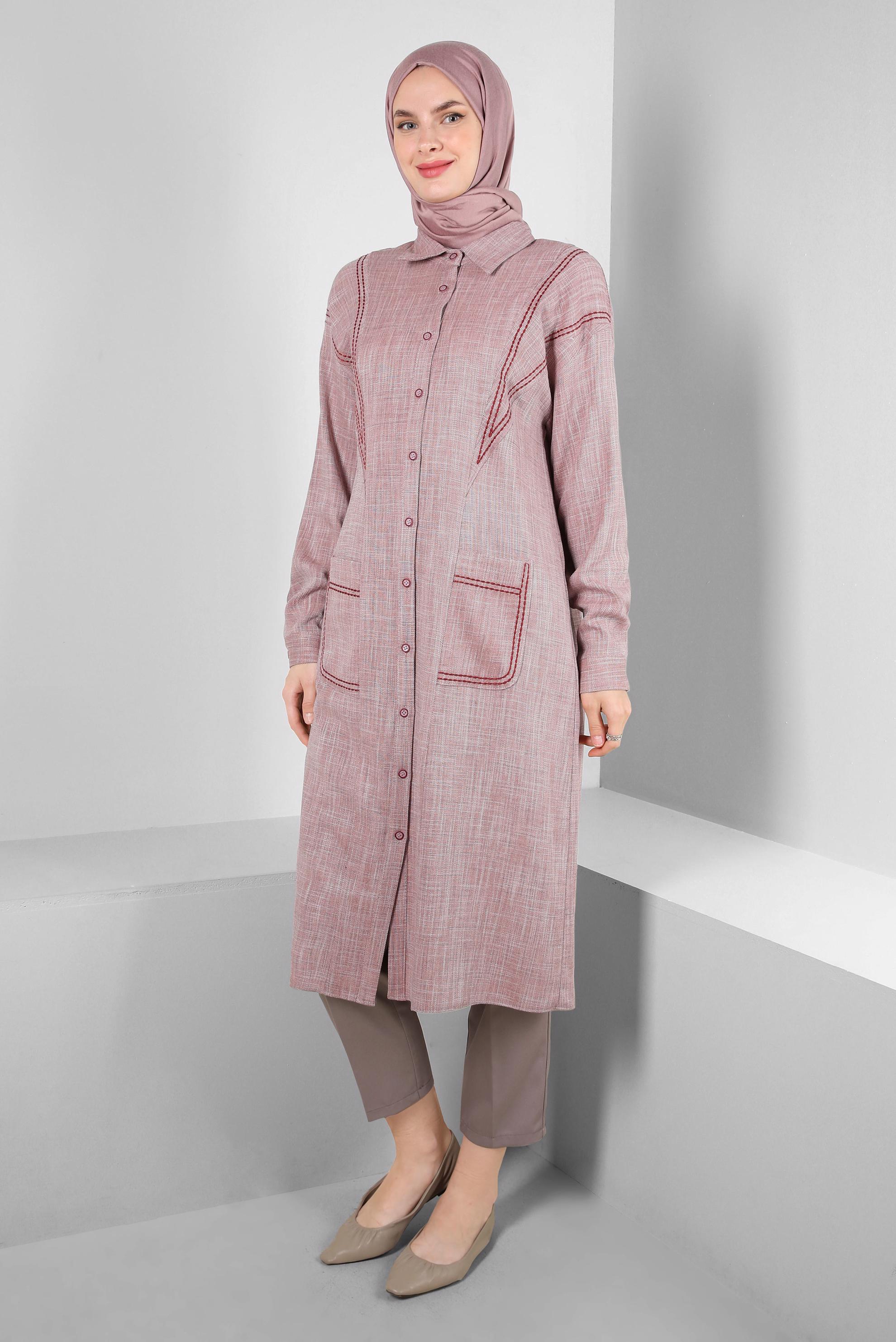 Tesettür giyim TURUNCU DİKİŞ DETAYLI CEPLİ DÜĞMELİ TUNİK 43808 