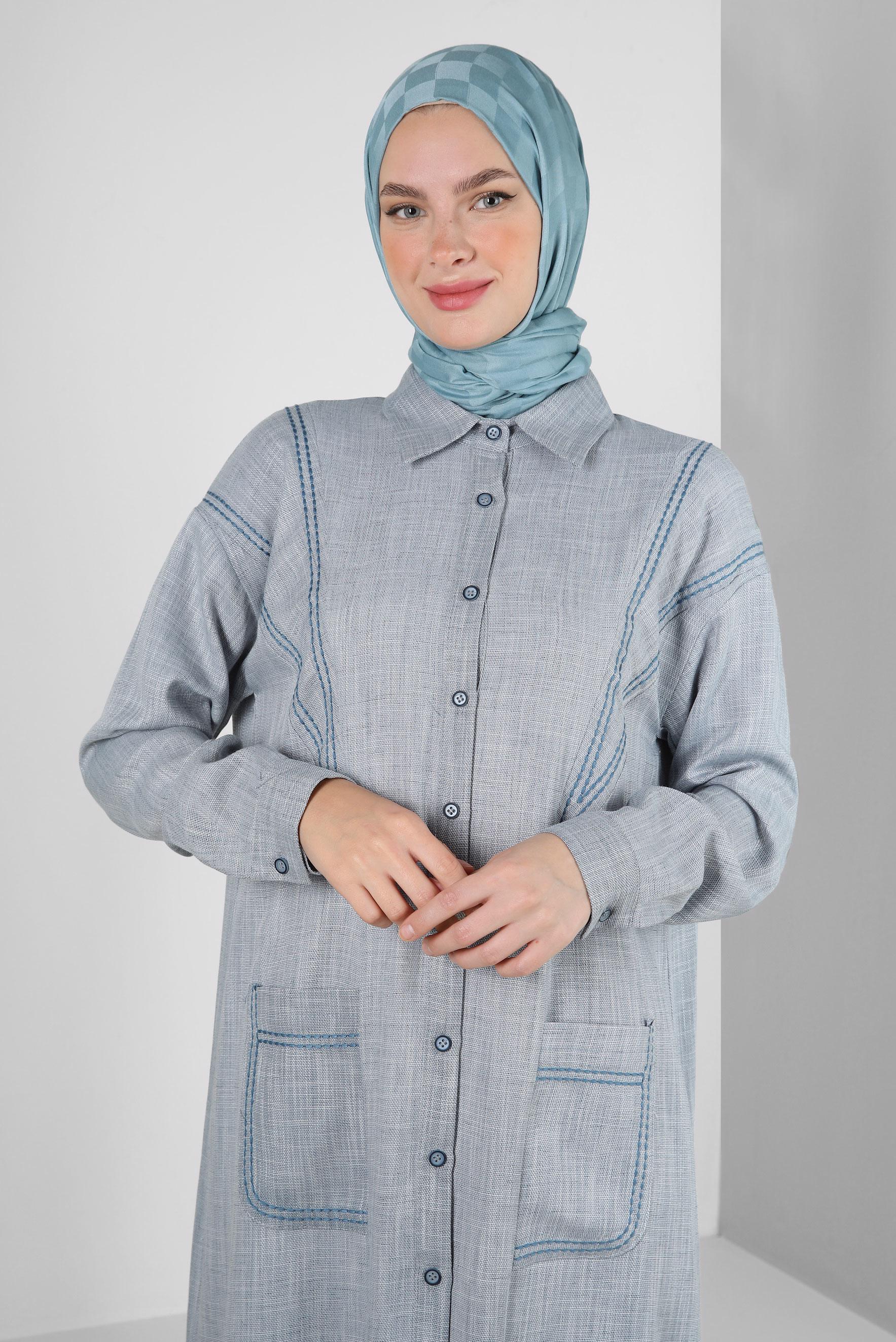 Tesettür giyim MAVİ DİKİŞ DETAYLI CEPLİ DÜĞMELİ TUNİK 43808 