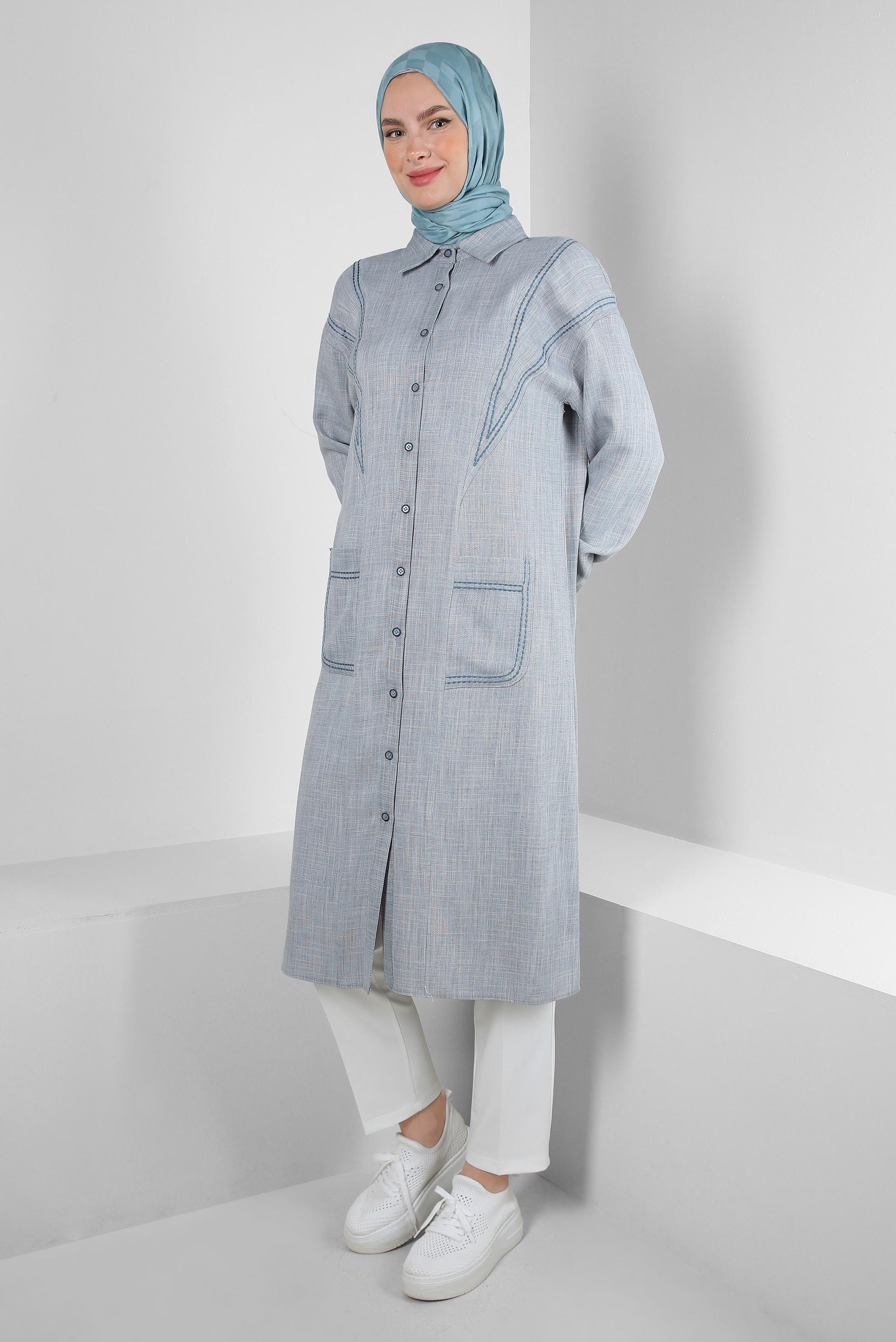 Tesettür giyim MAVİ DİKİŞ DETAYLI CEPLİ DÜĞMELİ TUNİK 43808 