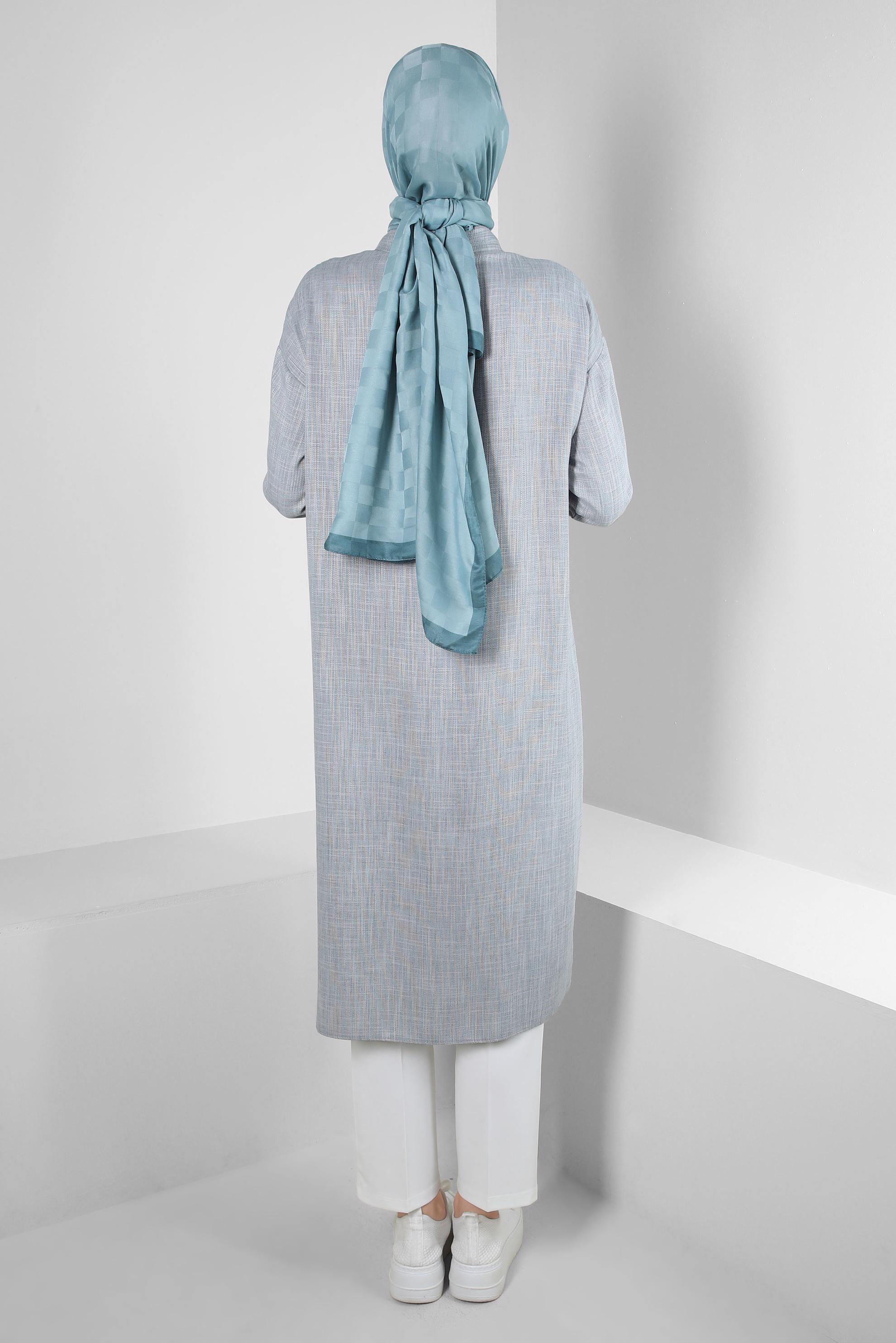 Tesettür giyim MAVİ DİKİŞ DETAYLI CEPLİ DÜĞMELİ TUNİK 43808 