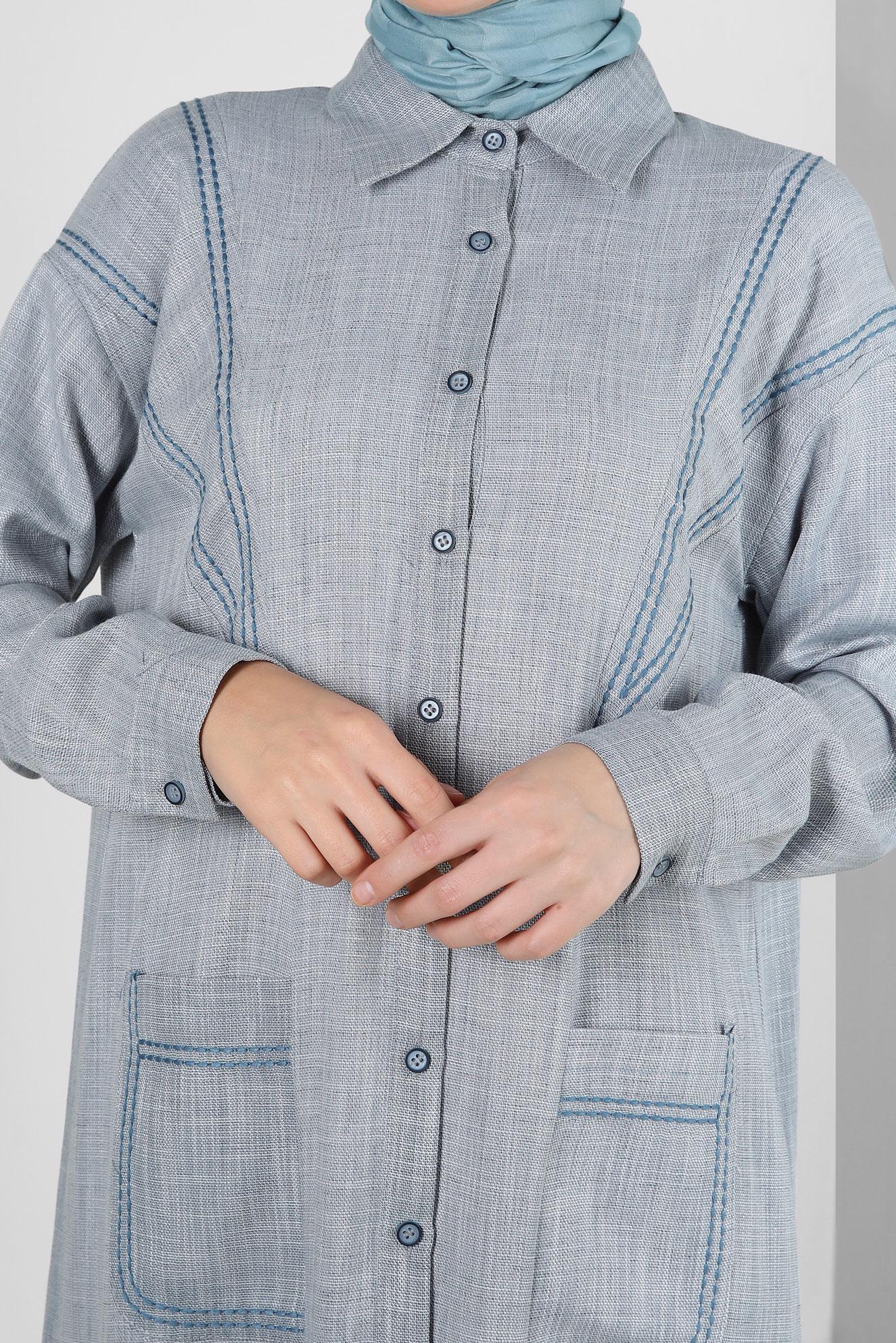 Tesettür giyim MAVİ DİKİŞ DETAYLI CEPLİ DÜĞMELİ TUNİK 43808 