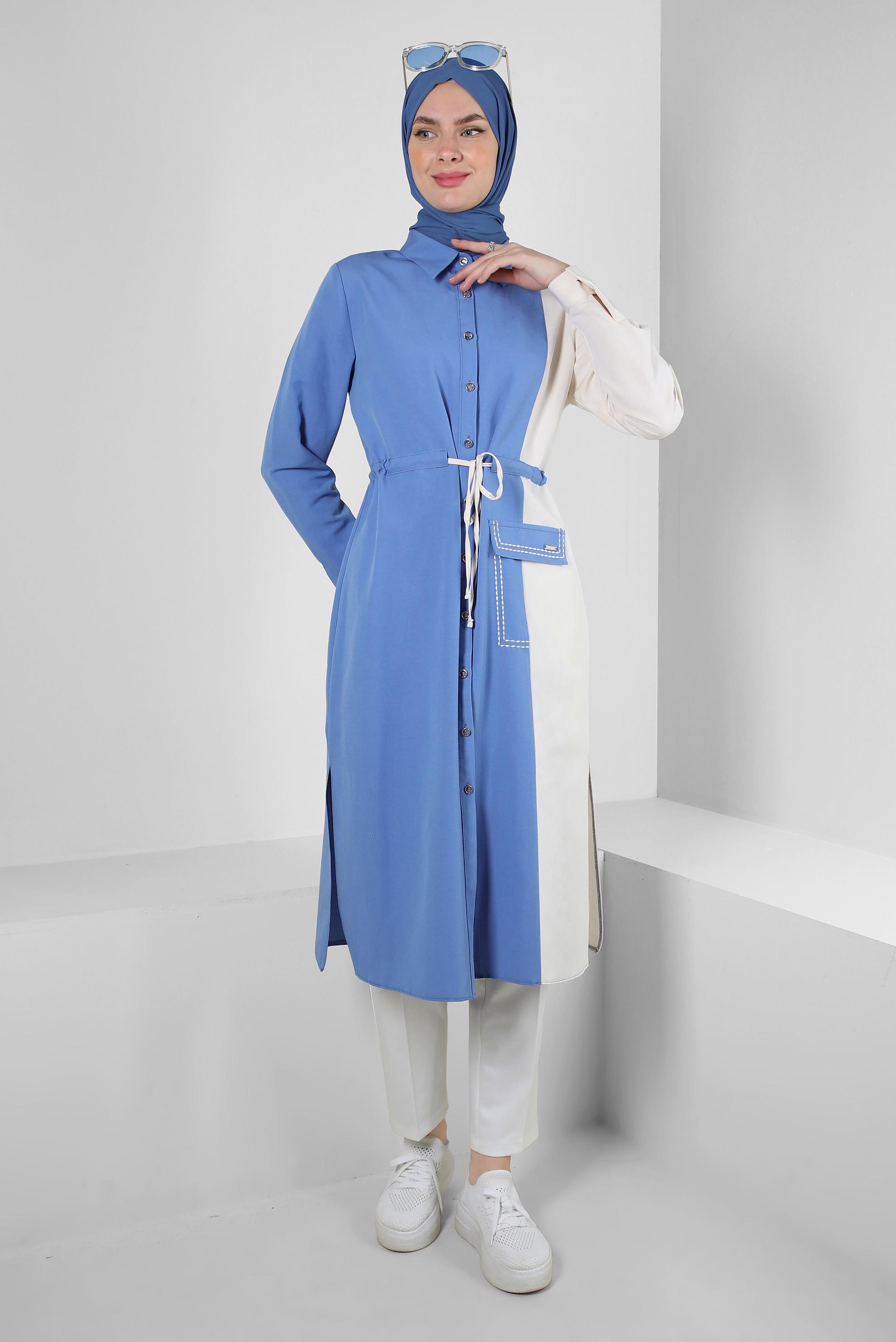 Tesettür giyim MAVİ İKİ RENKLİ BELİ BÜZGÜLÜ TUNİK 43810