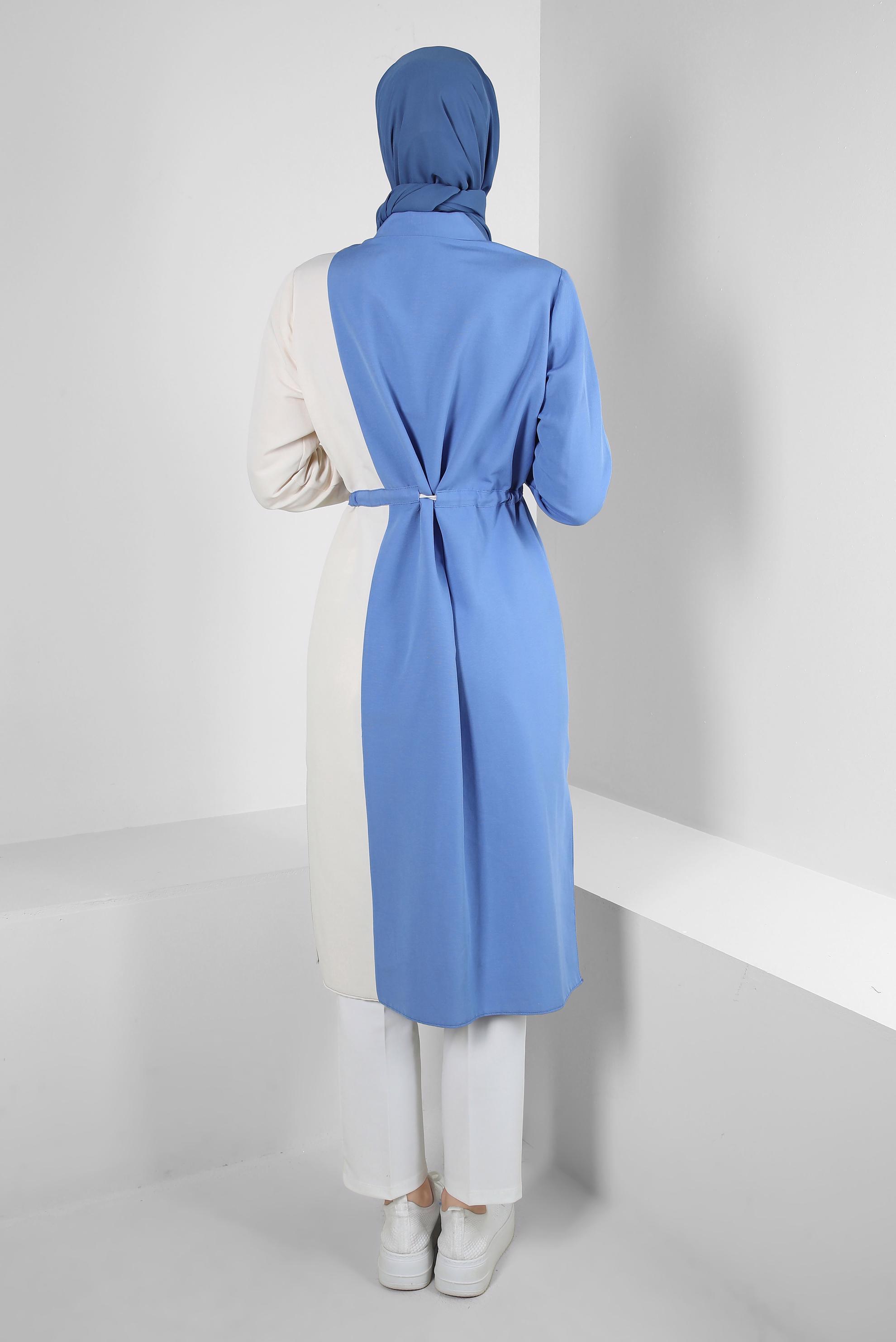 Tesettür giyim MAVİ İKİ RENKLİ BELİ BÜZGÜLÜ TUNİK 43810