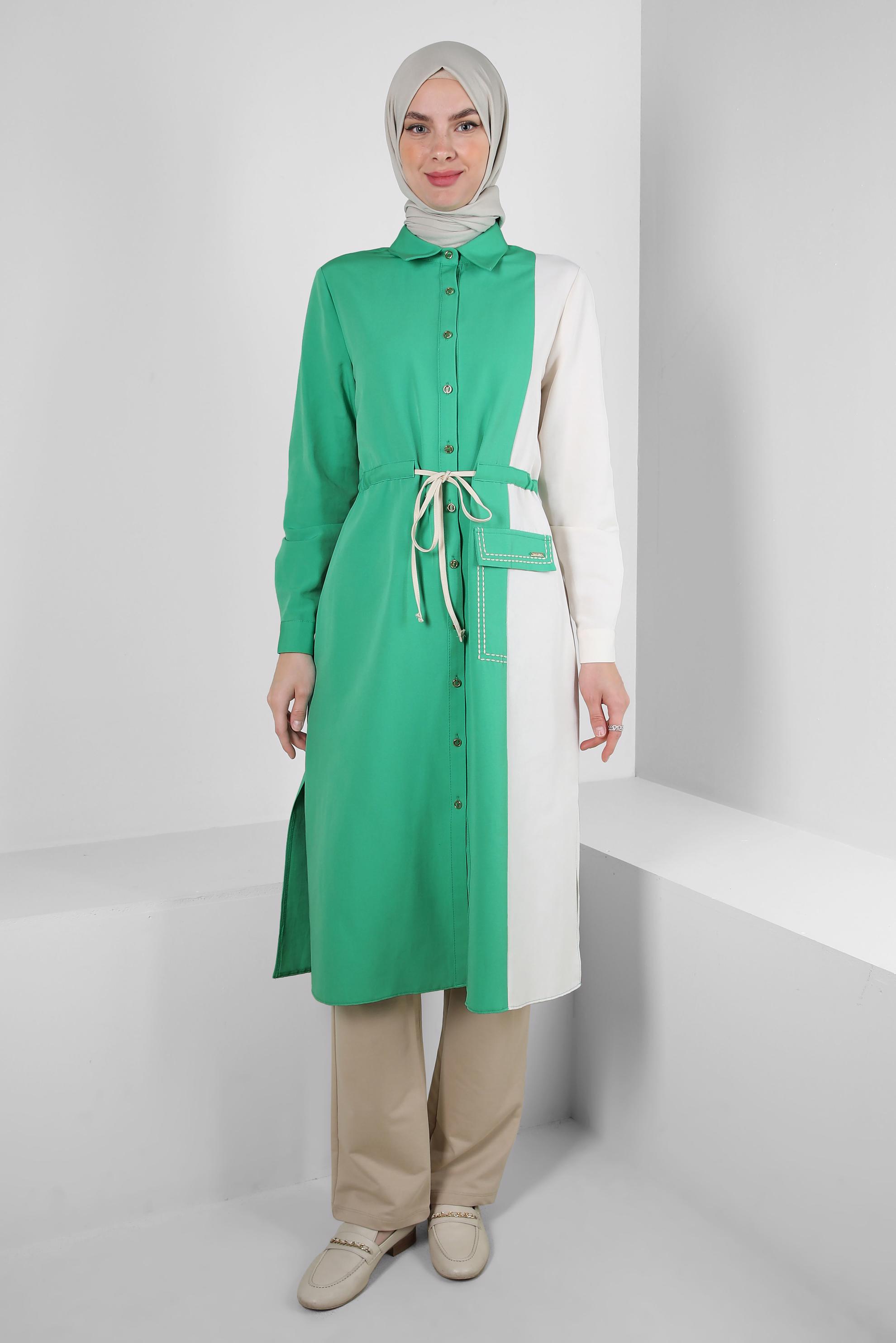 Tesettür giyim YEŞİL İKİ RENKLİ BELİ BÜZGÜLÜ TUNİK 43810