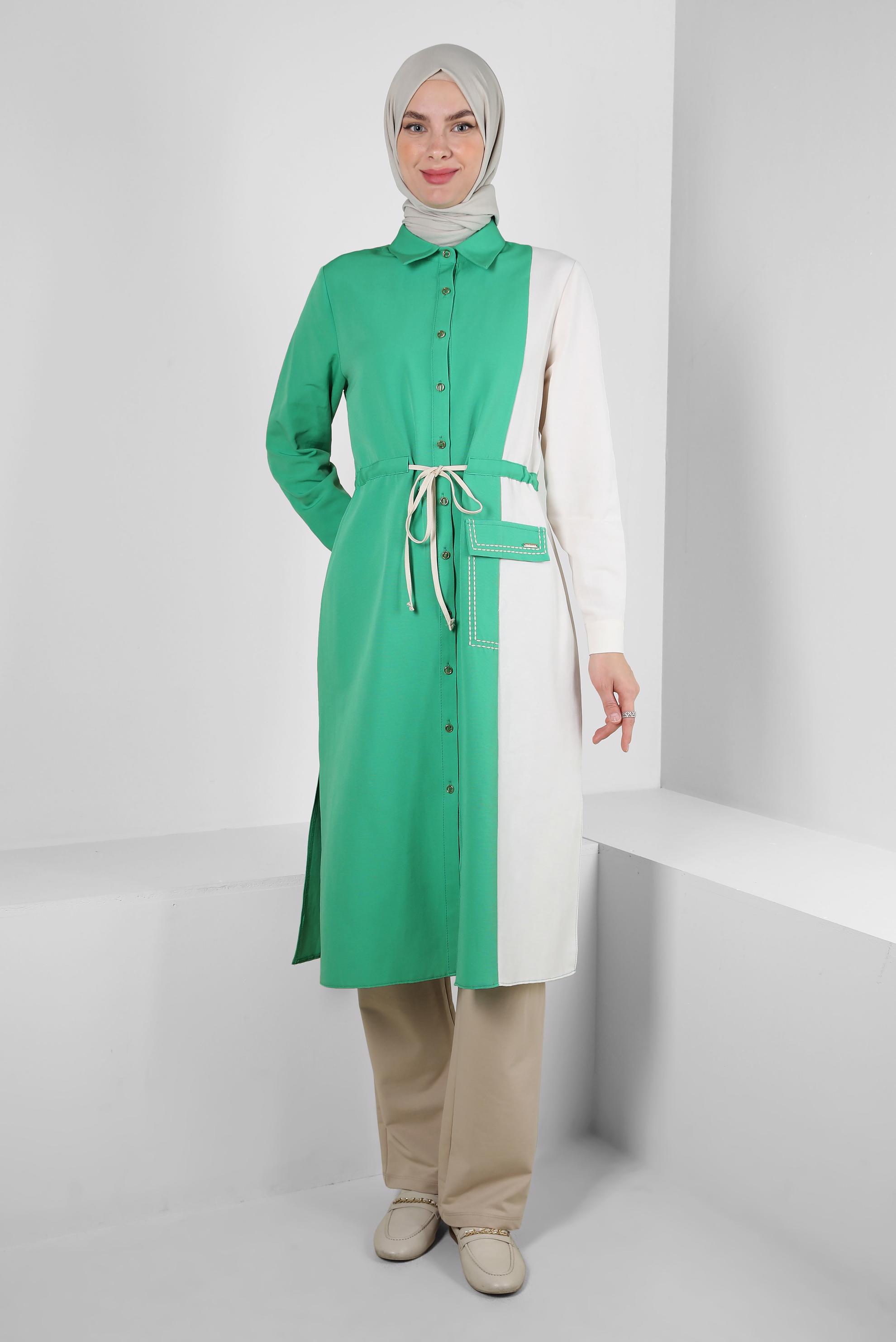 Tesettür giyim YEŞİL İKİ RENKLİ BELİ BÜZGÜLÜ TUNİK 43810
