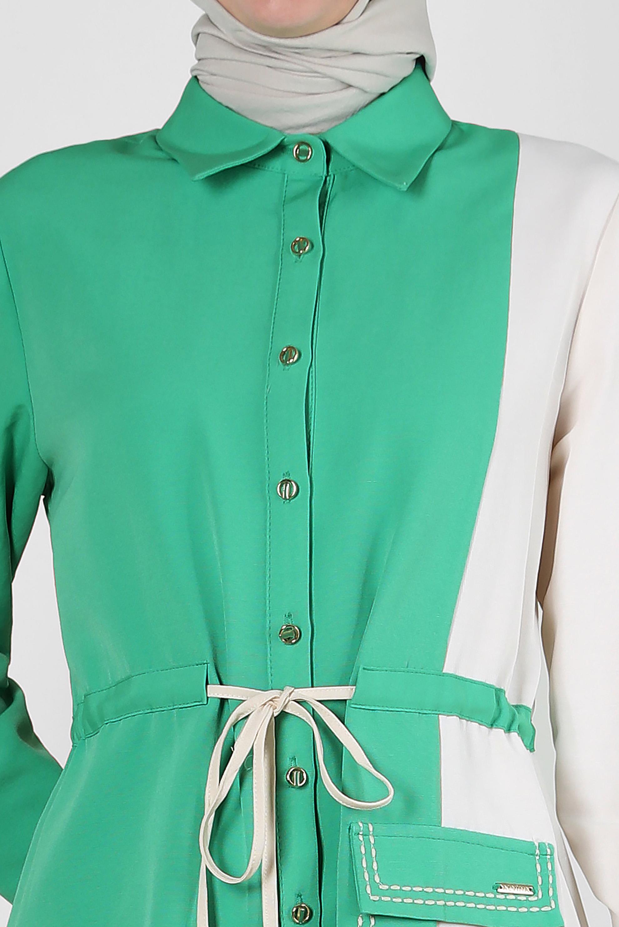 Tesettür giyim YEŞİL İKİ RENKLİ BELİ BÜZGÜLÜ TUNİK 43810