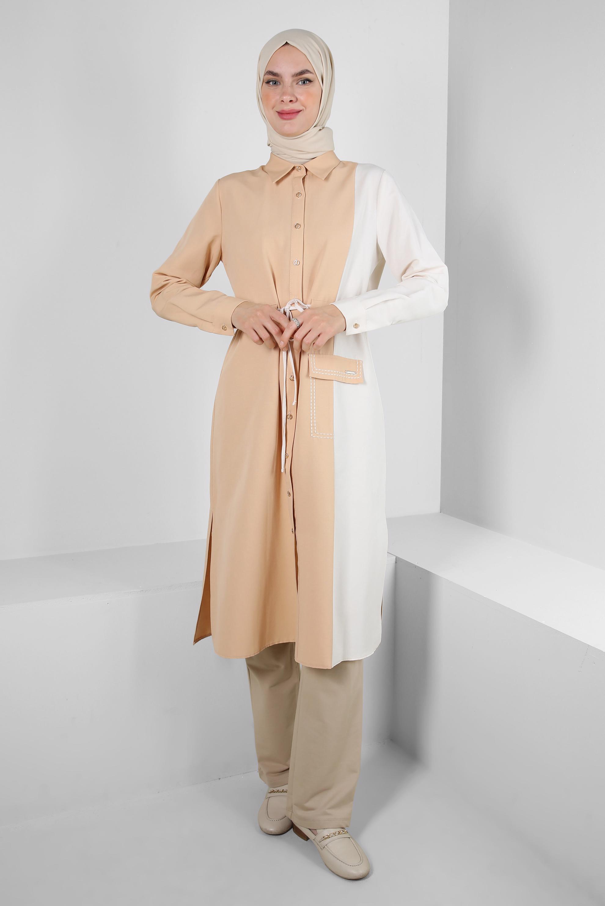 Tesettür giyim BEJ İKİ RENKLİ BELİ BÜZGÜLÜ TUNİK 43810