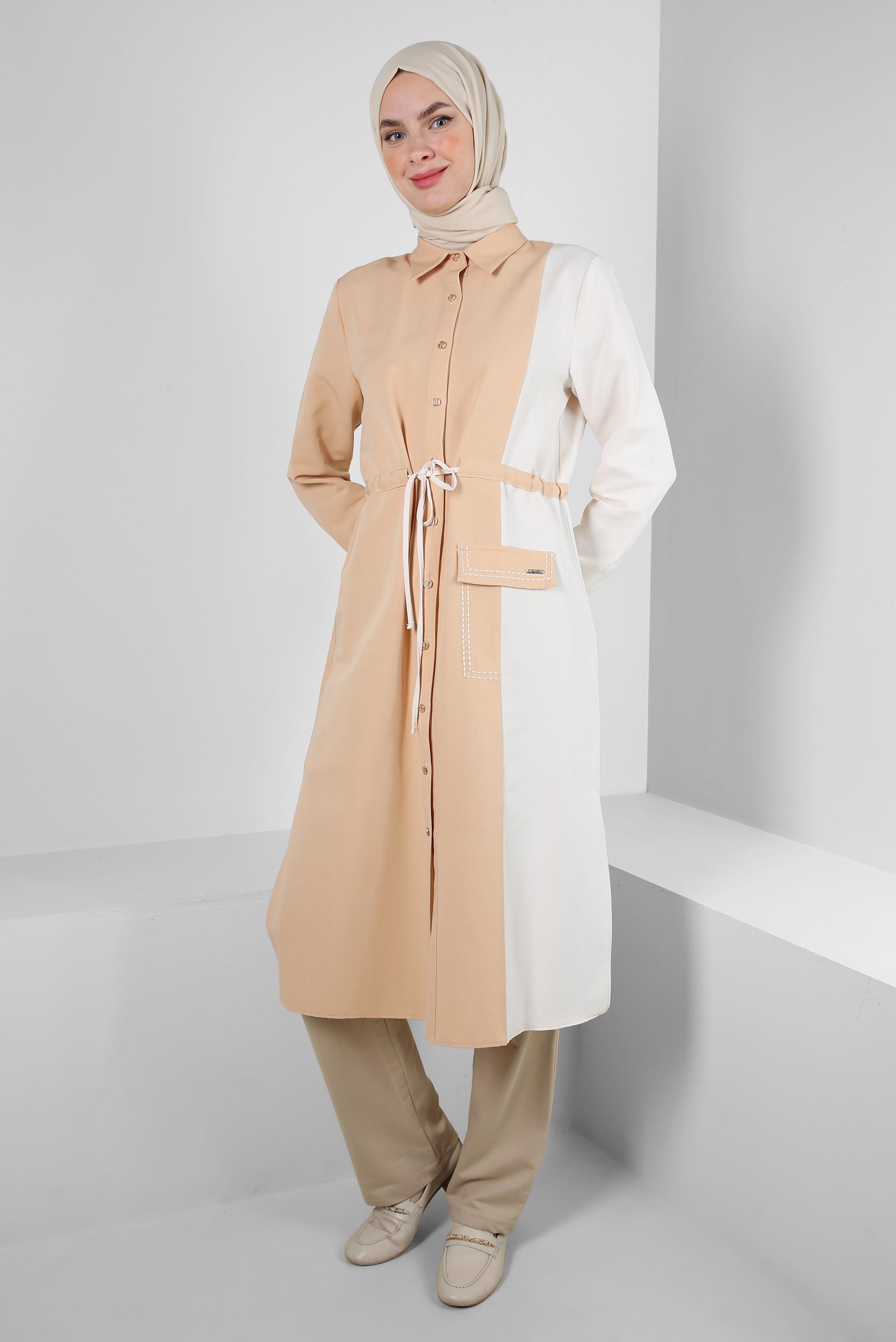 Tesettür giyim BEJ İKİ RENKLİ BELİ BÜZGÜLÜ TUNİK 43810