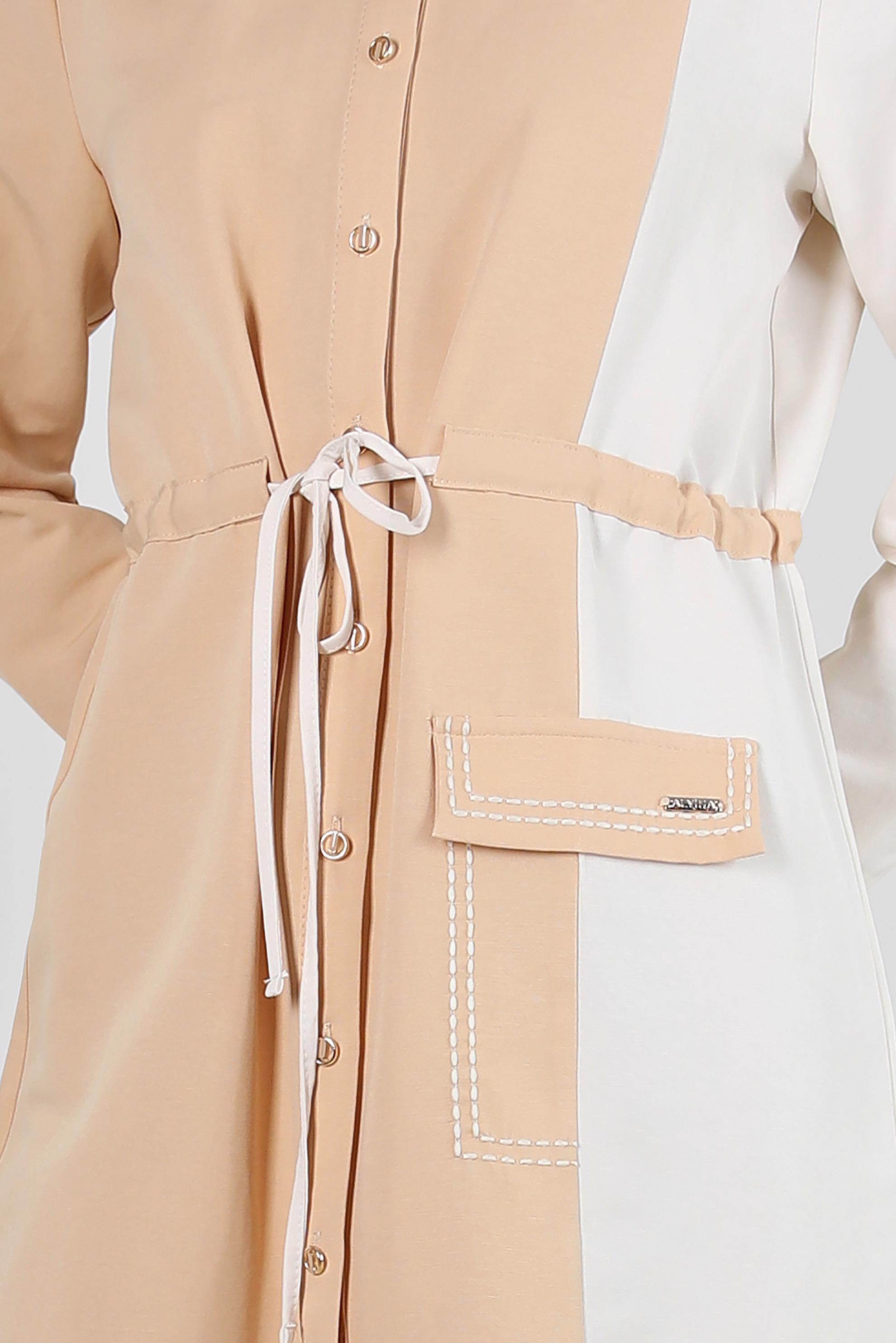 Tesettür giyim BEJ İKİ RENKLİ BELİ BÜZGÜLÜ TUNİK 43810