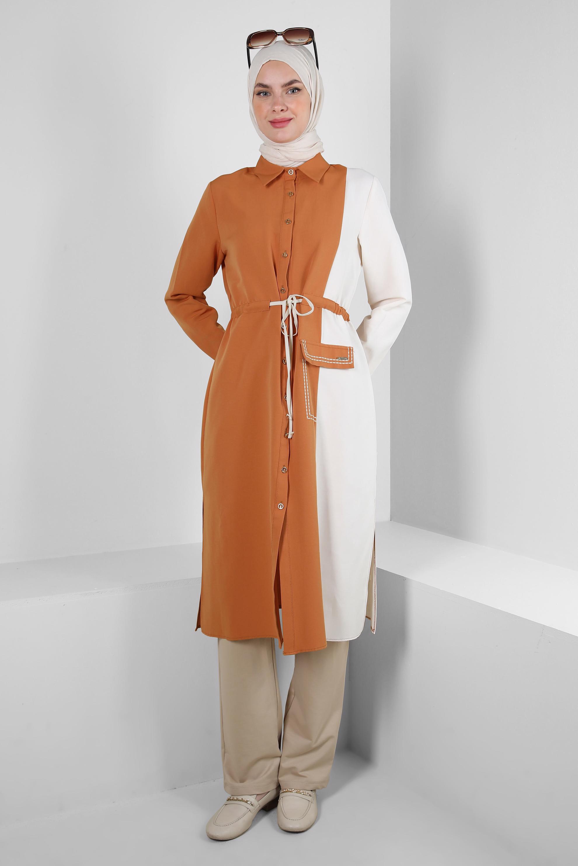 Tesettür giyim TURUNCU İKİ RENKLİ BELİ BÜZGÜLÜ TUNİK 43810