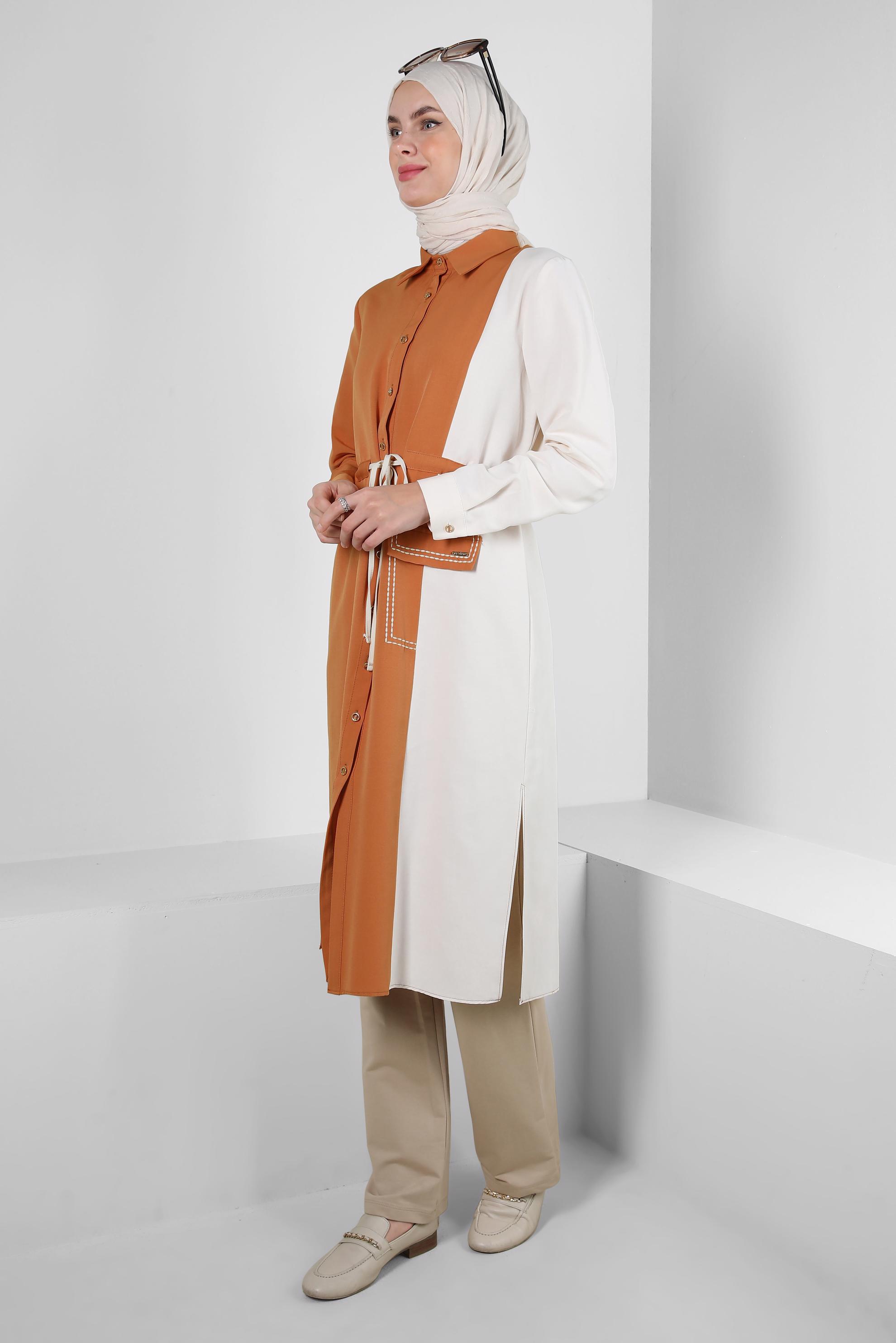 Tesettür giyim TURUNCU İKİ RENKLİ BELİ BÜZGÜLÜ TUNİK 43810