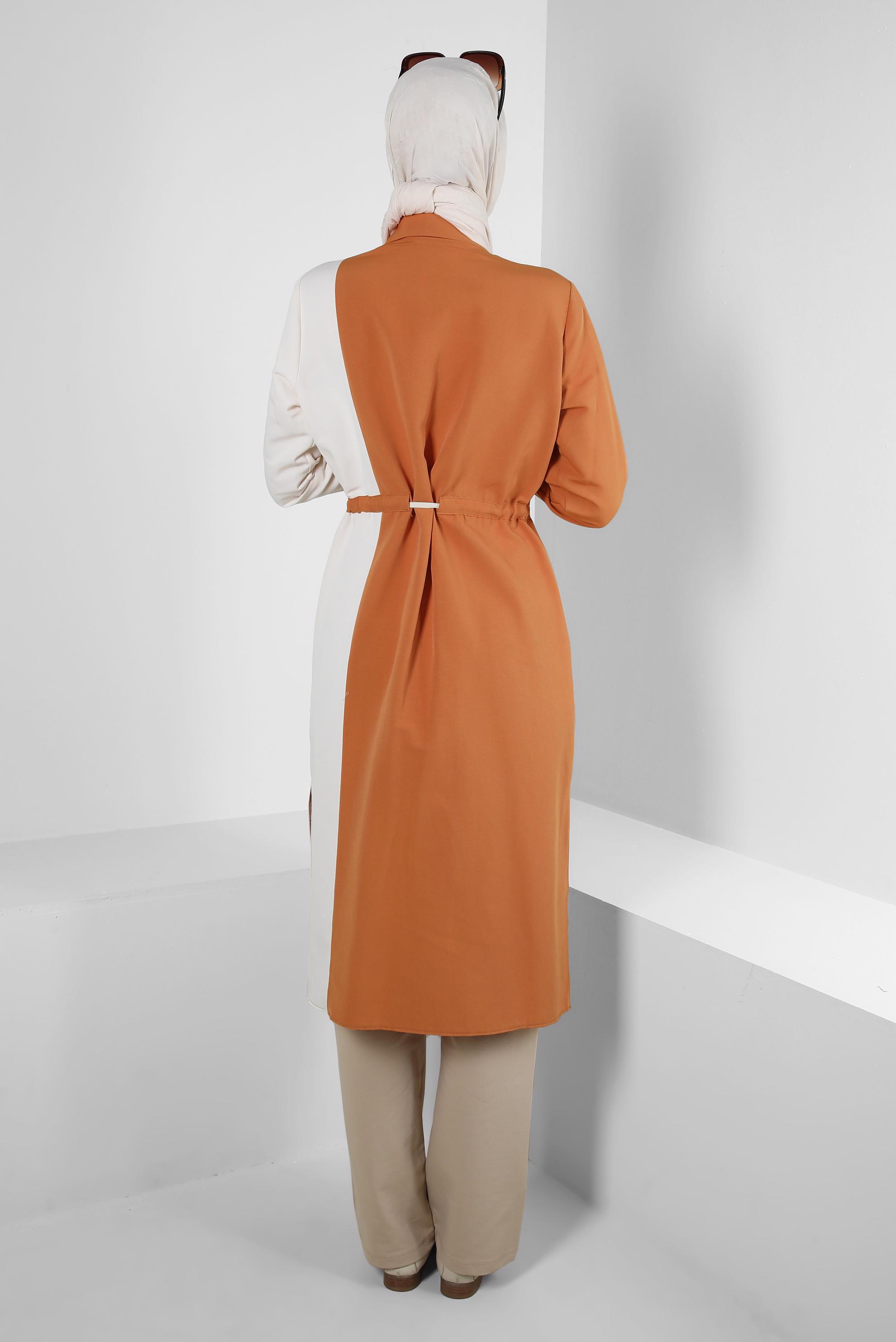 Tesettür giyim TURUNCU İKİ RENKLİ BELİ BÜZGÜLÜ TUNİK 43810