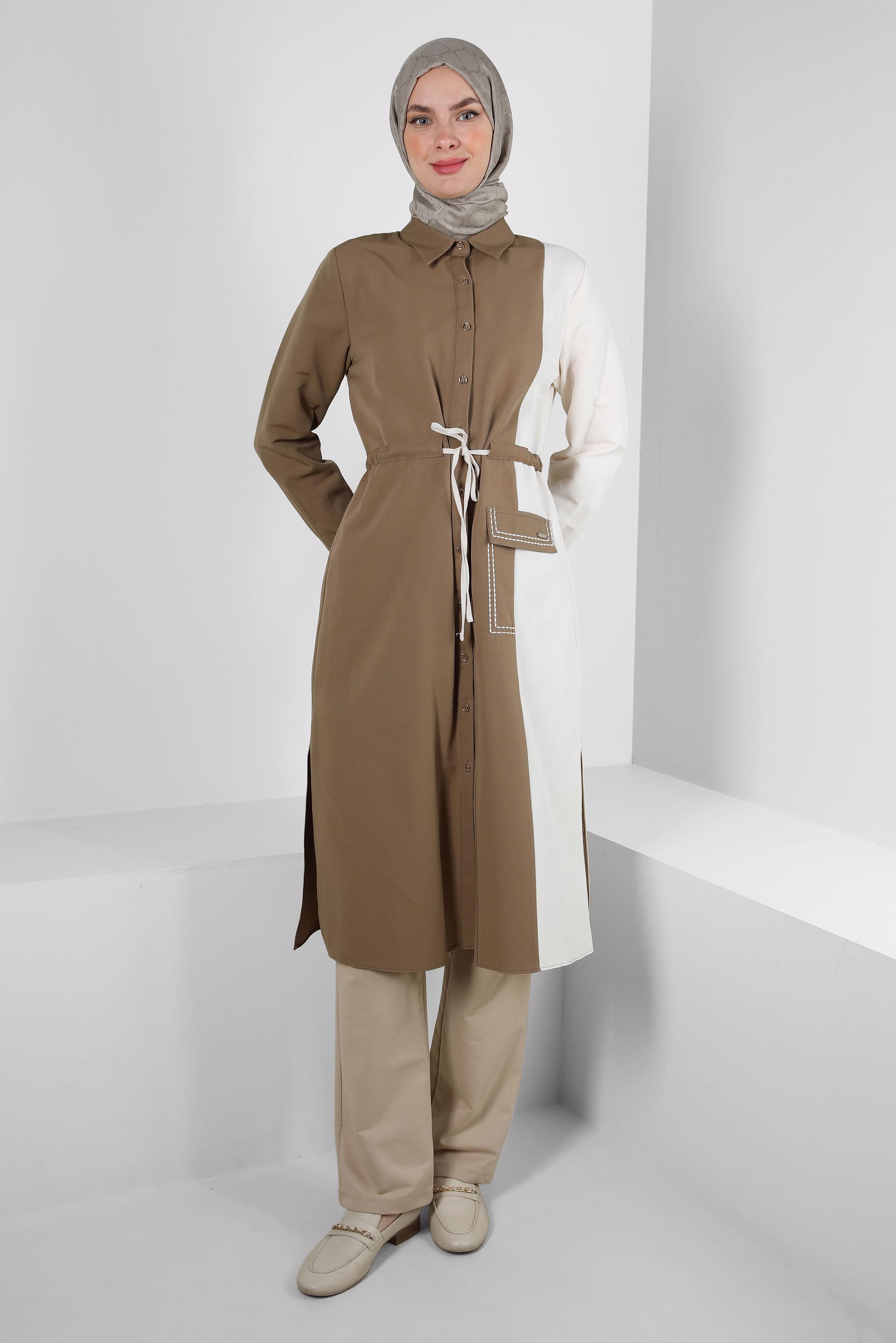 Tesettür giyim KAHVE İKİ RENKLİ BELİ BÜZGÜLÜ TUNİK 43810