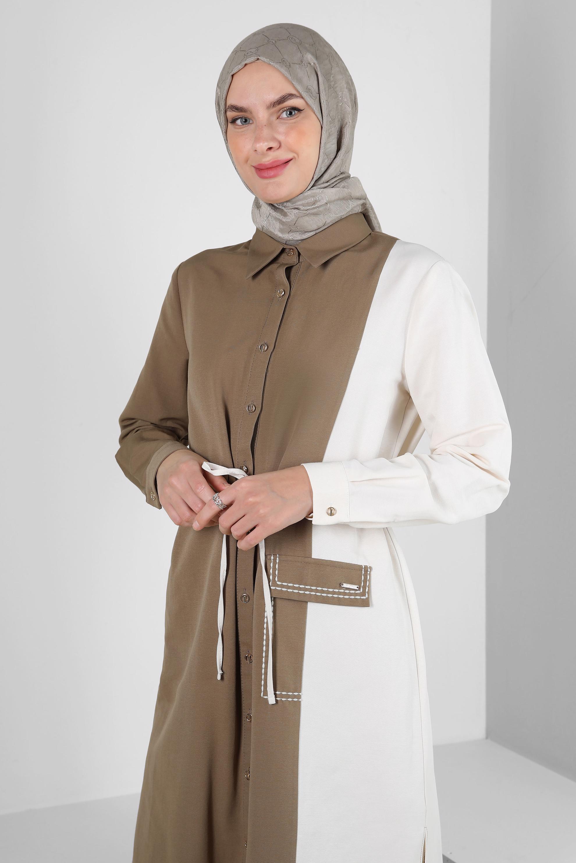 Tesettür giyim KAHVE İKİ RENKLİ BELİ BÜZGÜLÜ TUNİK 43810