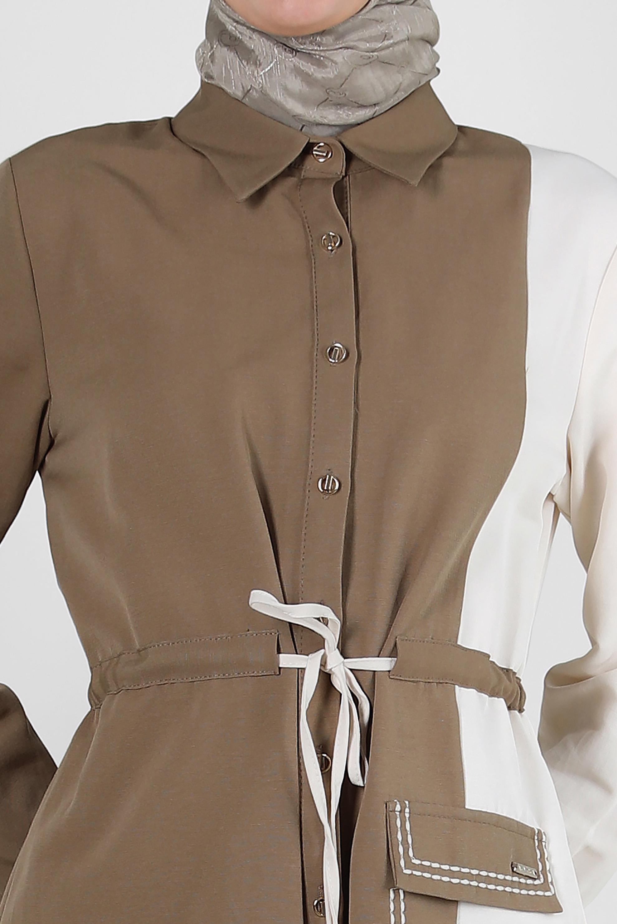 Tesettür giyim KAHVE İKİ RENKLİ BELİ BÜZGÜLÜ TUNİK 43810