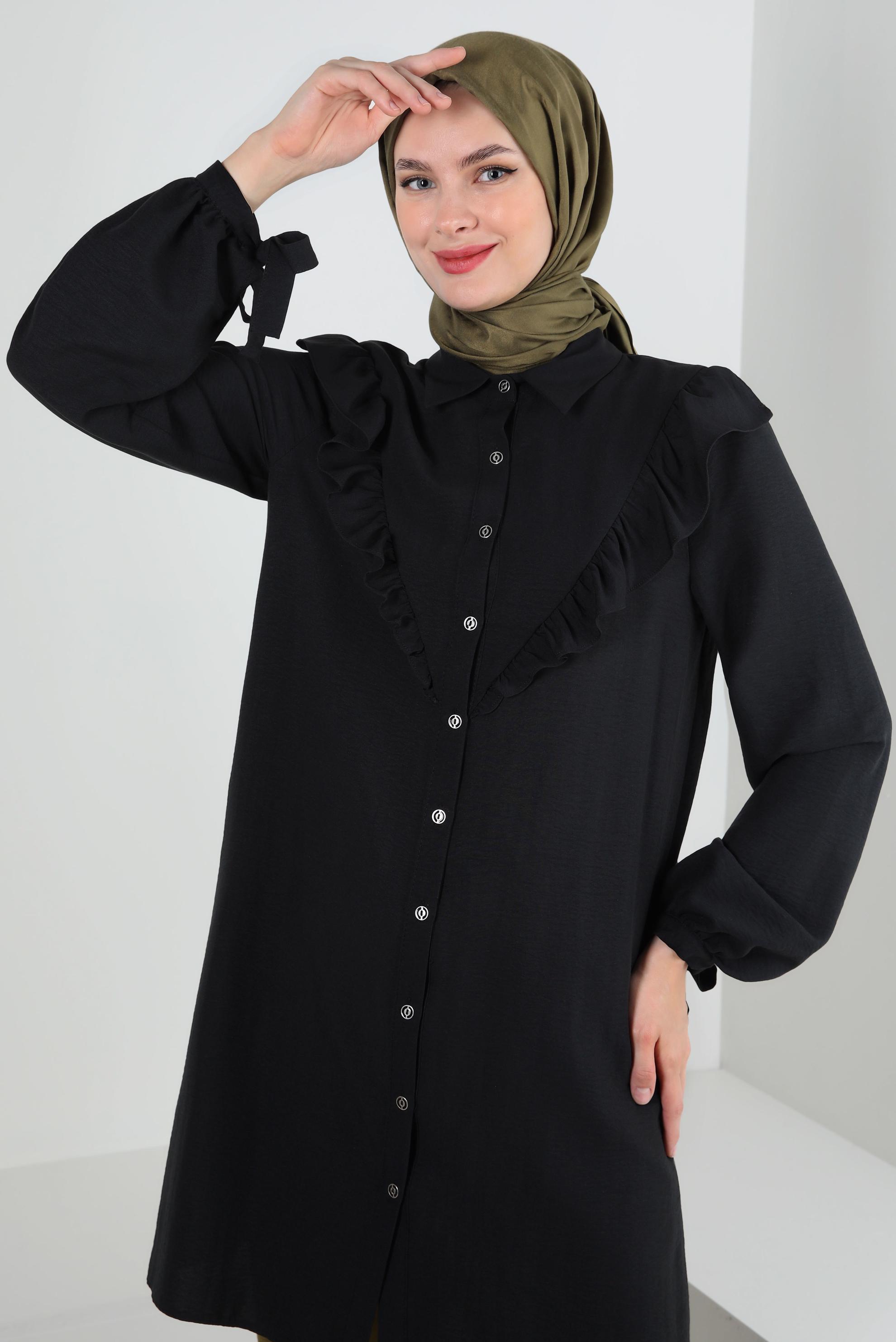Tesettür giyim SİYAH FIRFIR DETAYLI GÖMLEK TUNİK 43812