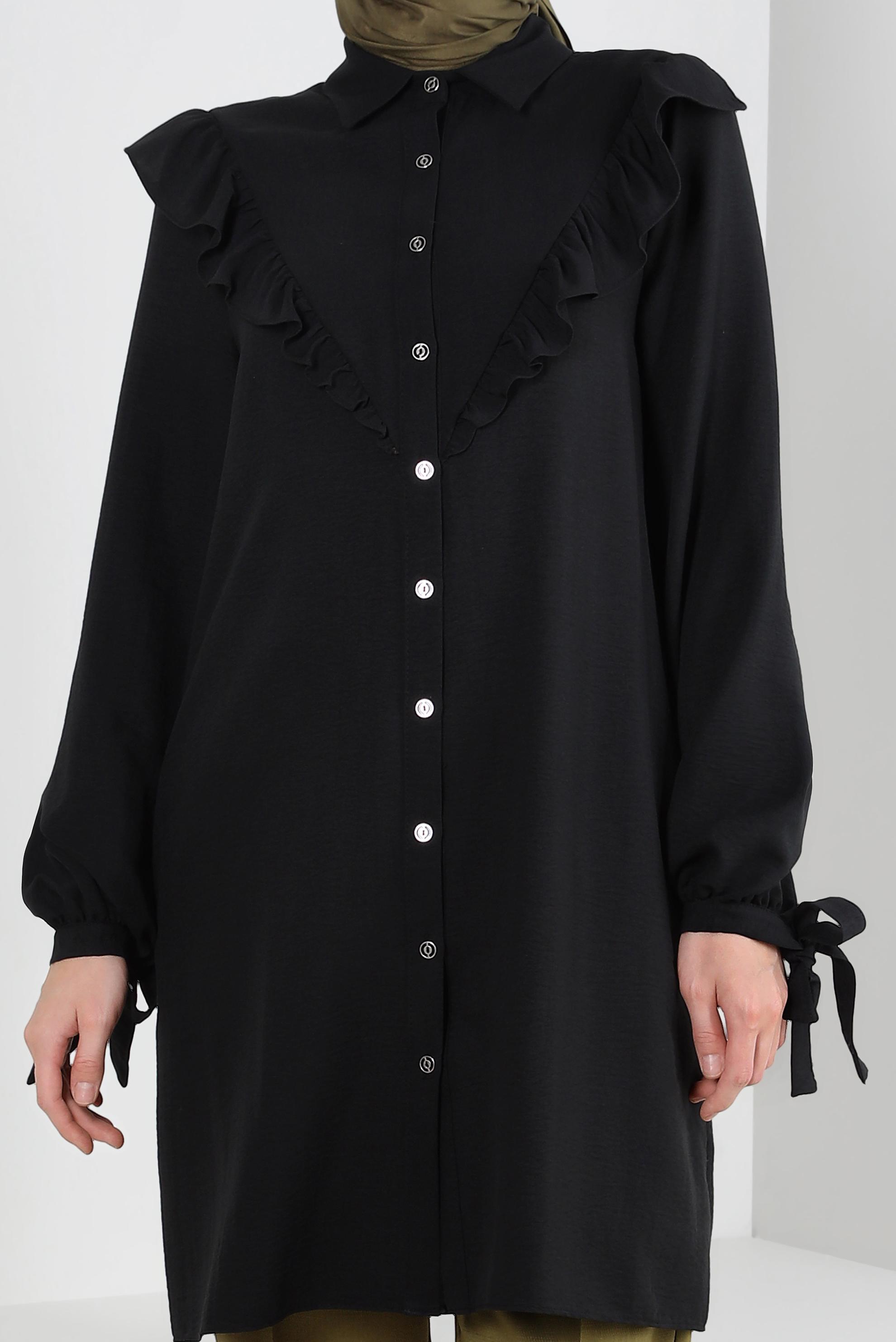 Tesettür giyim SİYAH FIRFIR DETAYLI GÖMLEK TUNİK 43812