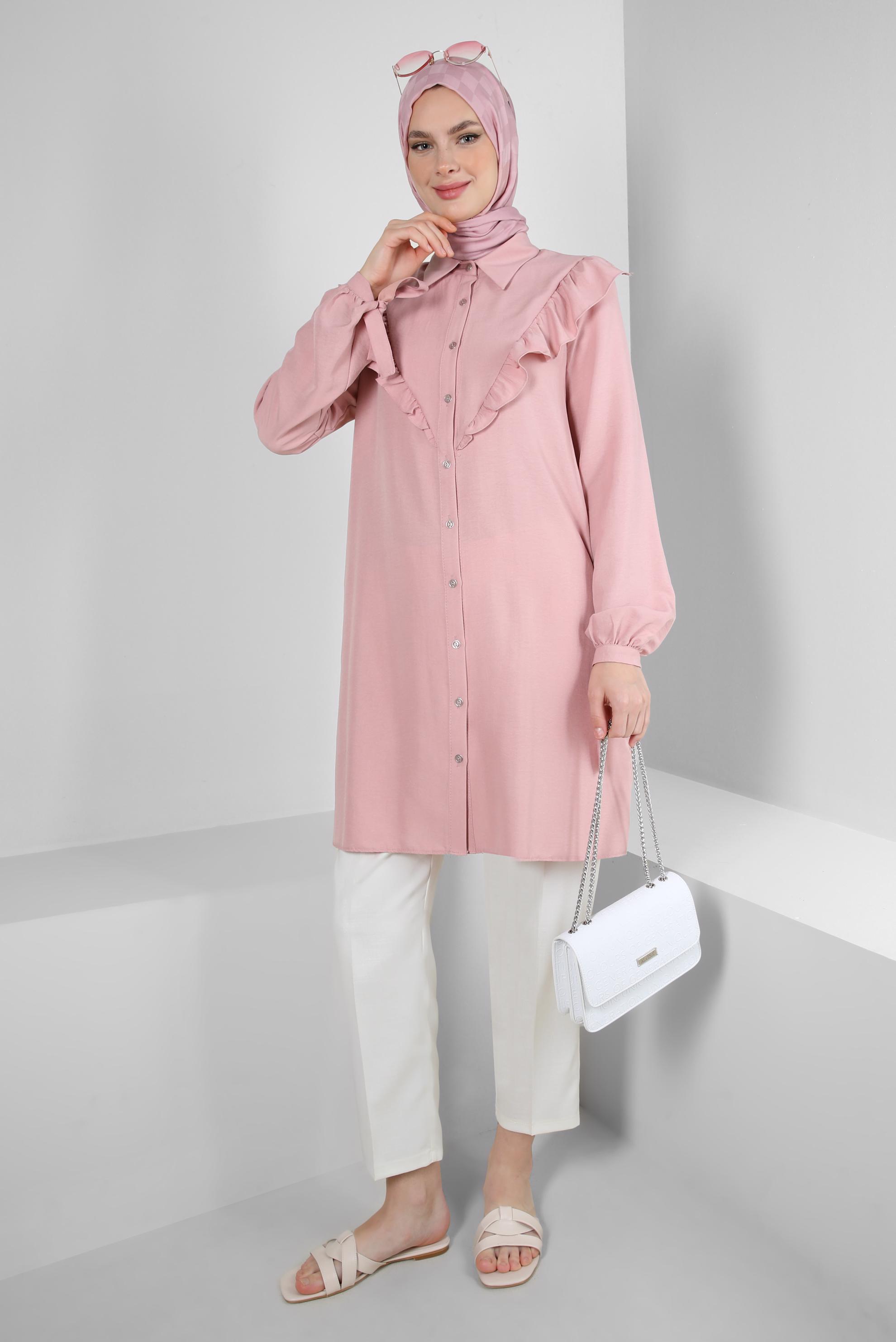 Tesettür giyim PUDRA FIRFIR DETAYLI GÖMLEK TUNİK 43812
