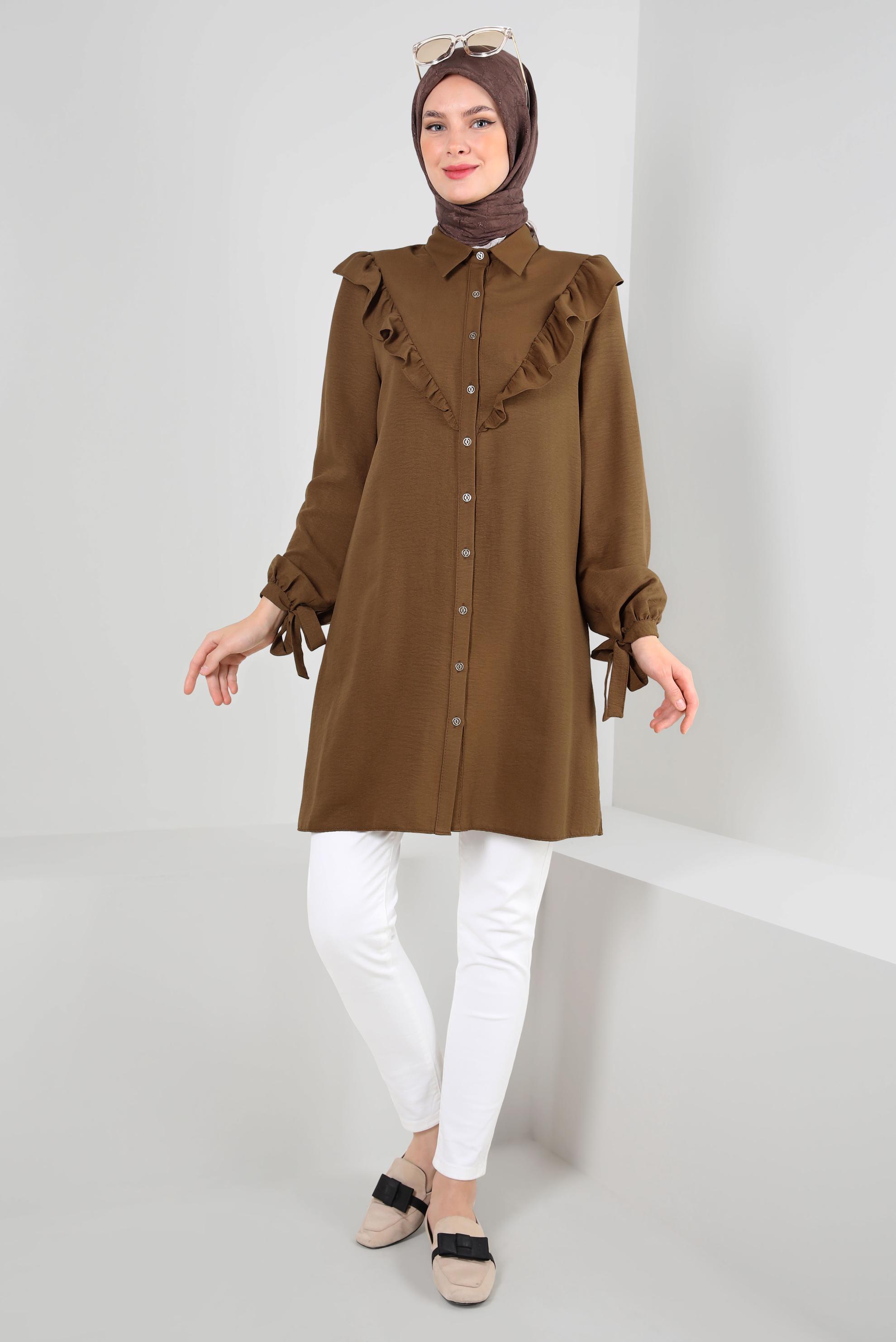 Tesettür giyim KAHVE FIRFIR DETAYLI GÖMLEK TUNİK 43812
