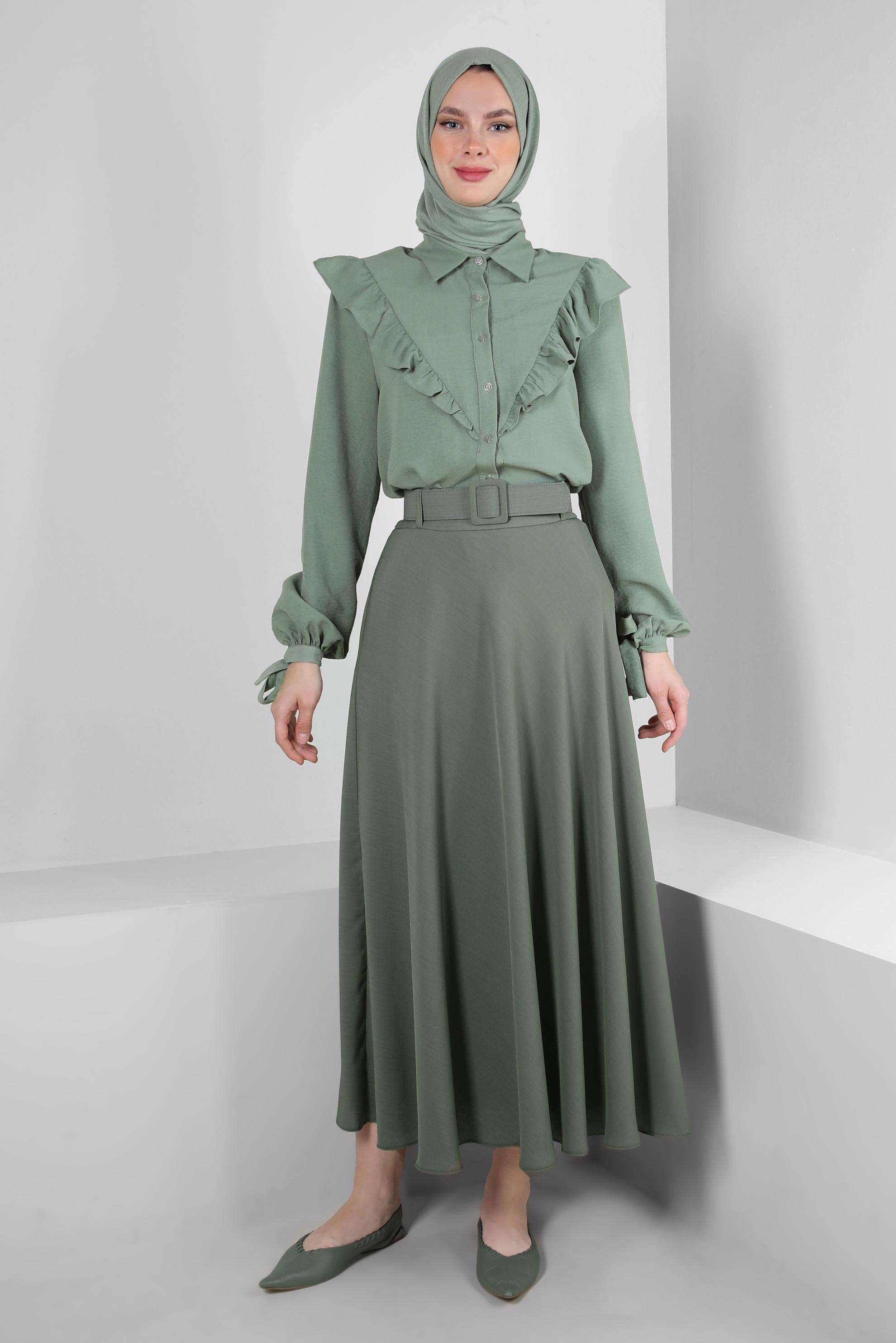 Tesettür giyim YEŞİL FIRFIR DETAYLI GÖMLEK TUNİK 43812