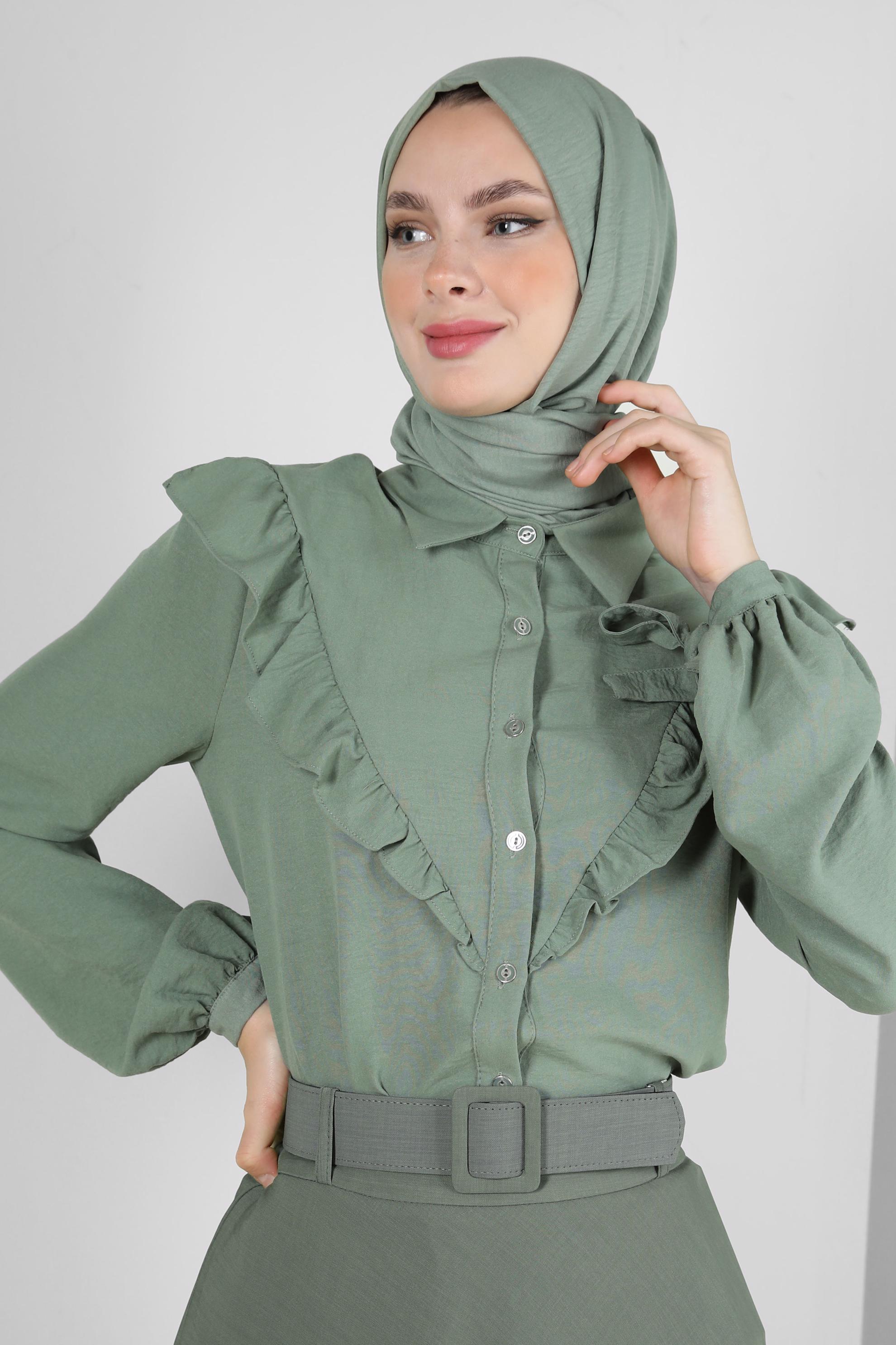 Tesettür giyim YEŞİL FIRFIR DETAYLI GÖMLEK TUNİK 43812