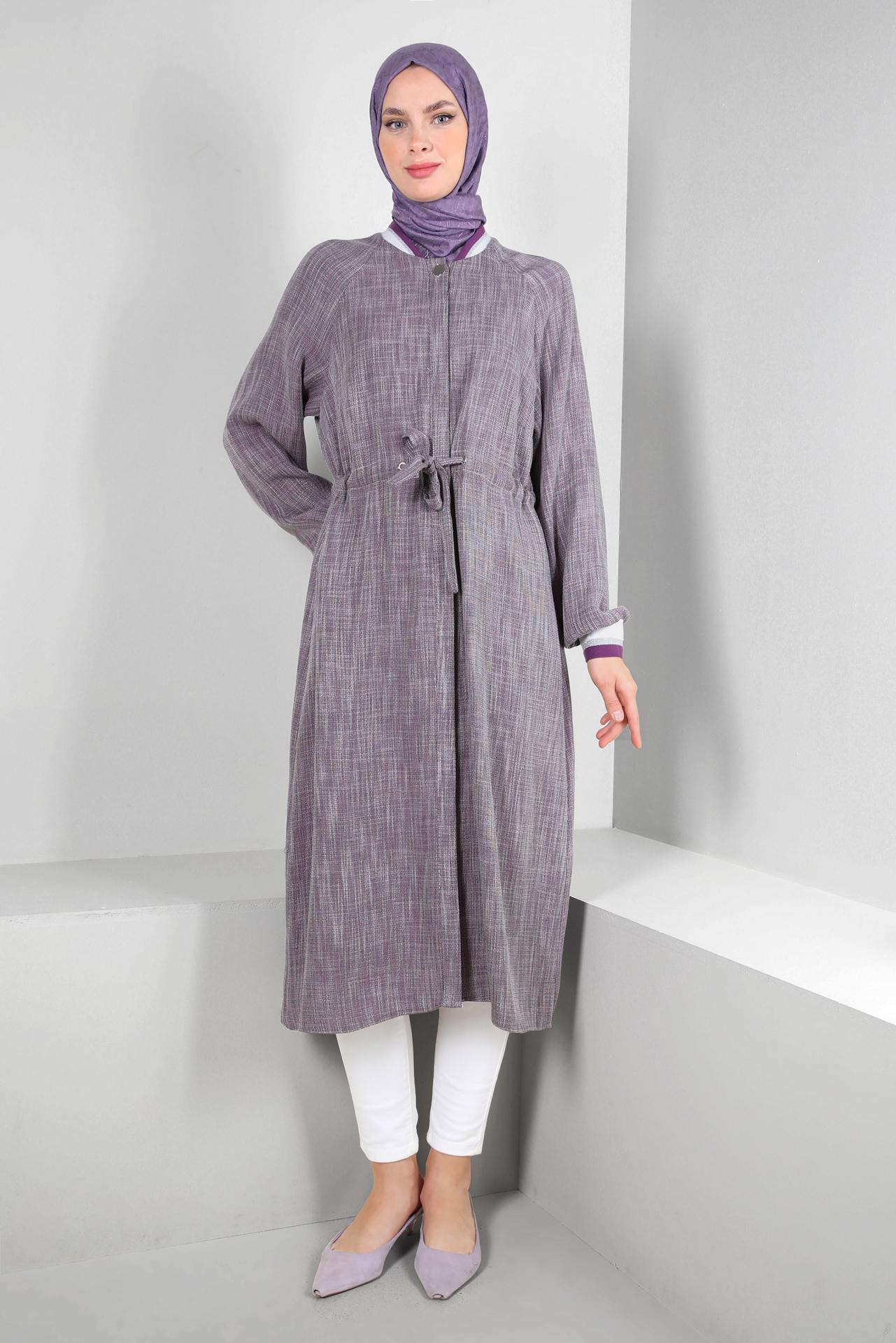 Tesettür giyim MOR BELİ BÜZGÜLÜ MANŞETLERİ LASTİKLİ TUNİK 43813