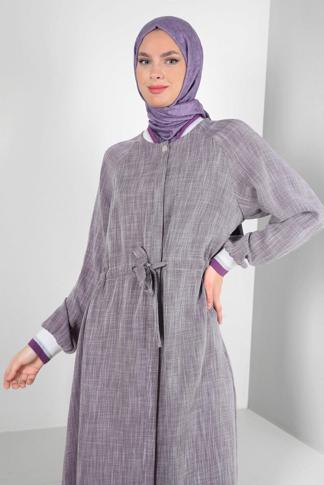 Tesettür giyim MOR BELİ BÜZGÜLÜ MANŞETLERİ LASTİKLİ TUNİK 43813