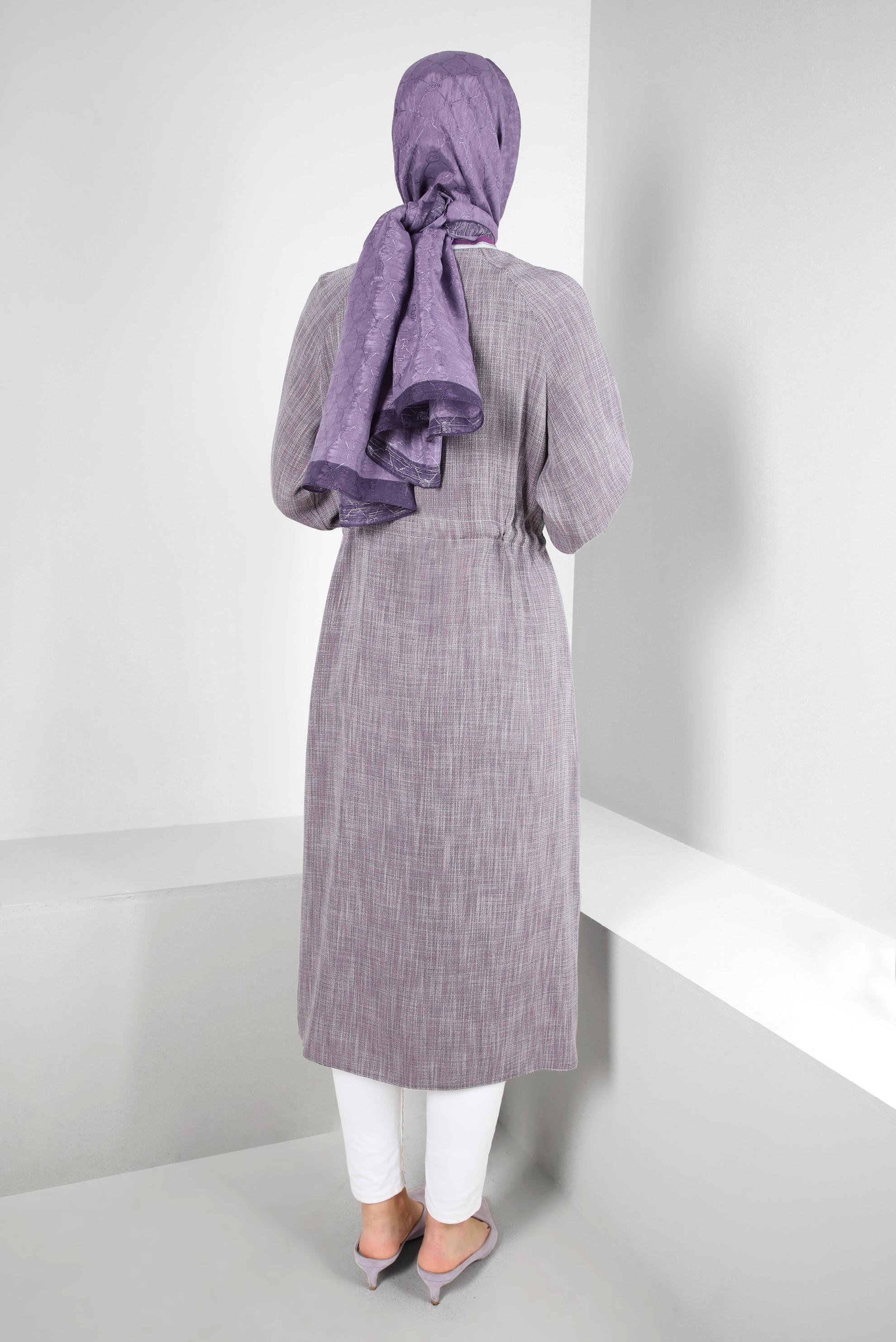 Tesettür giyim MOR BELİ BÜZGÜLÜ MANŞETLERİ LASTİKLİ TUNİK 43813