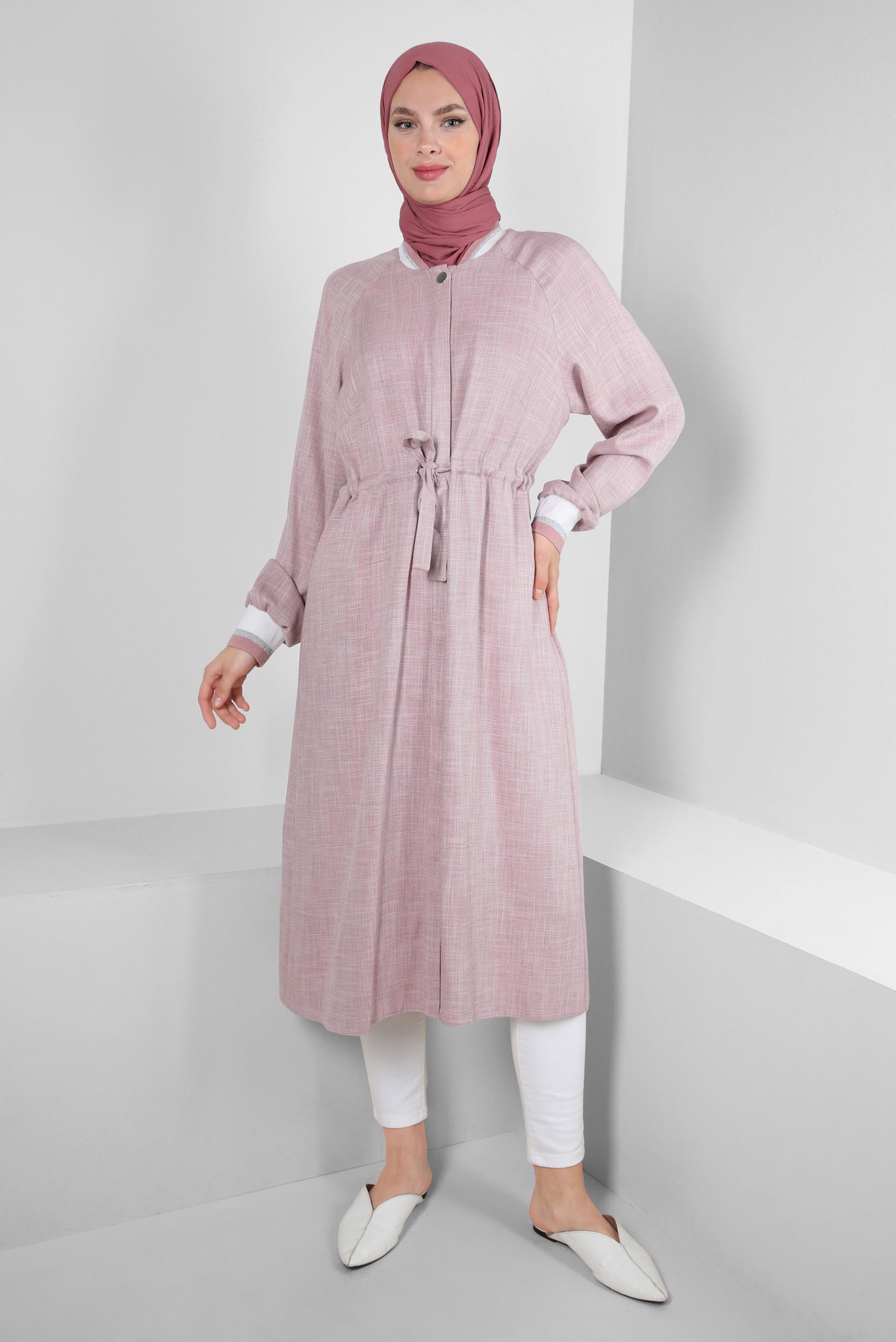 Tesettür giyim MOR BELİ BÜZGÜLÜ MANŞETLERİ LASTİKLİ TUNİK 43813