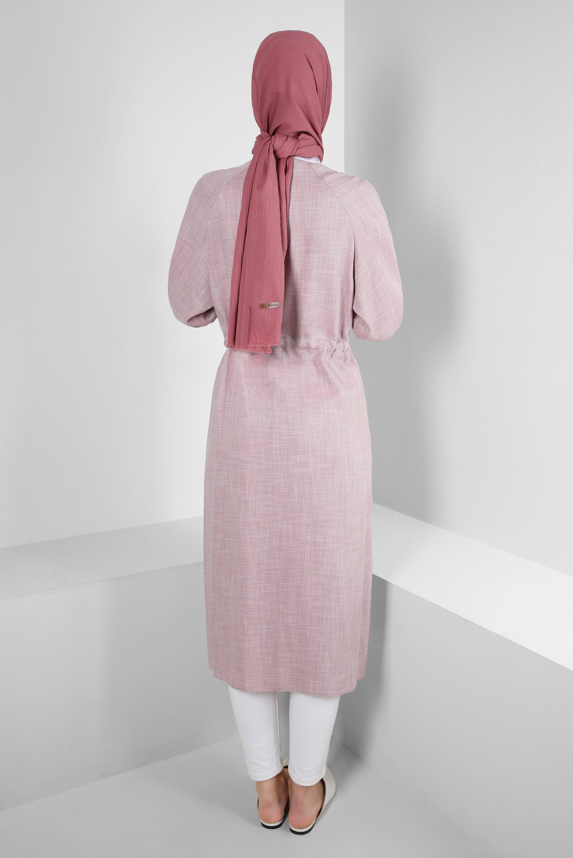 Tesettür giyim MOR BELİ BÜZGÜLÜ MANŞETLERİ LASTİKLİ TUNİK 43813