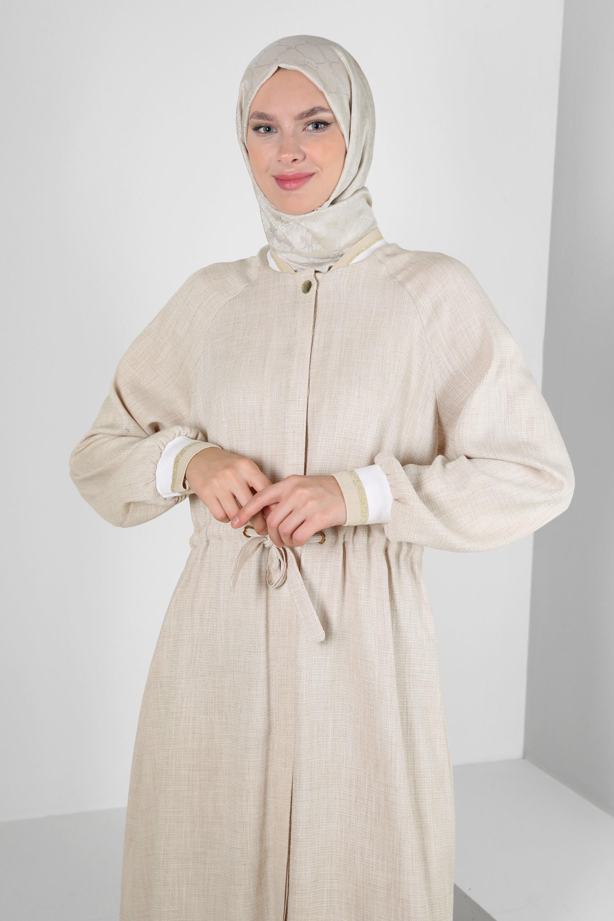 Tesettür giyim BEJ BELİ BÜZGÜLÜ MANŞETLERİ LASTİKLİ TUNİK 43813