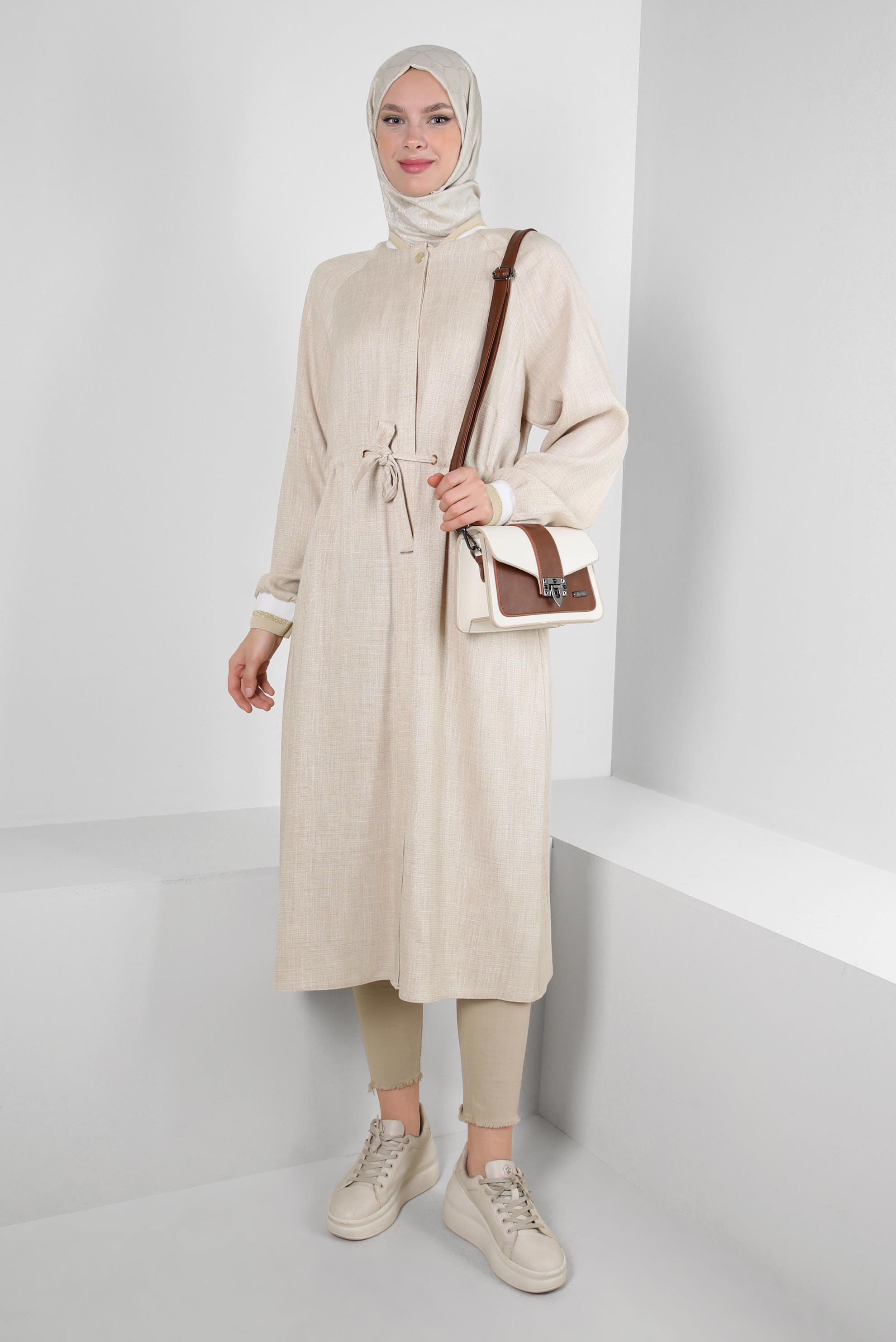 Tesettür giyim BEJ BELİ BÜZGÜLÜ MANŞETLERİ LASTİKLİ TUNİK 43813