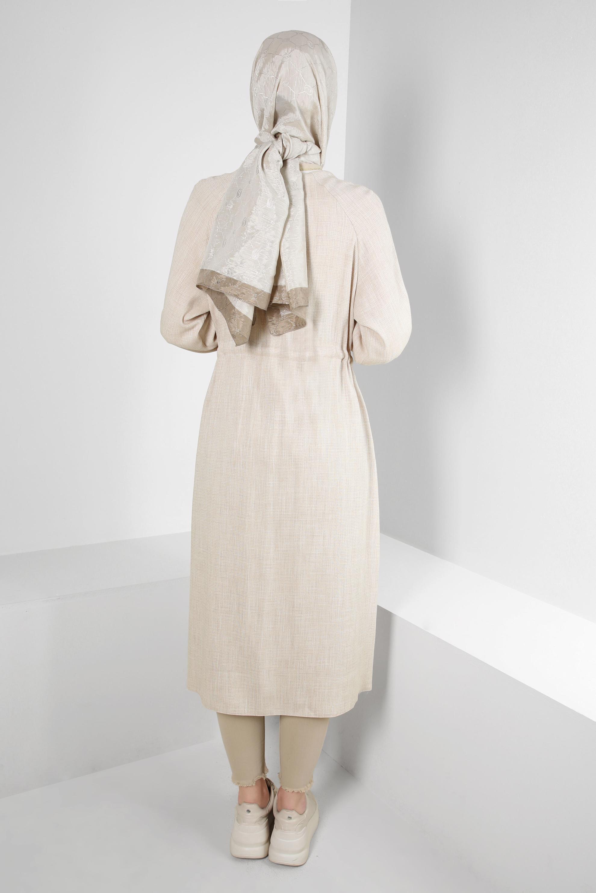 Tesettür giyim BEJ BELİ BÜZGÜLÜ MANŞETLERİ LASTİKLİ TUNİK 43813