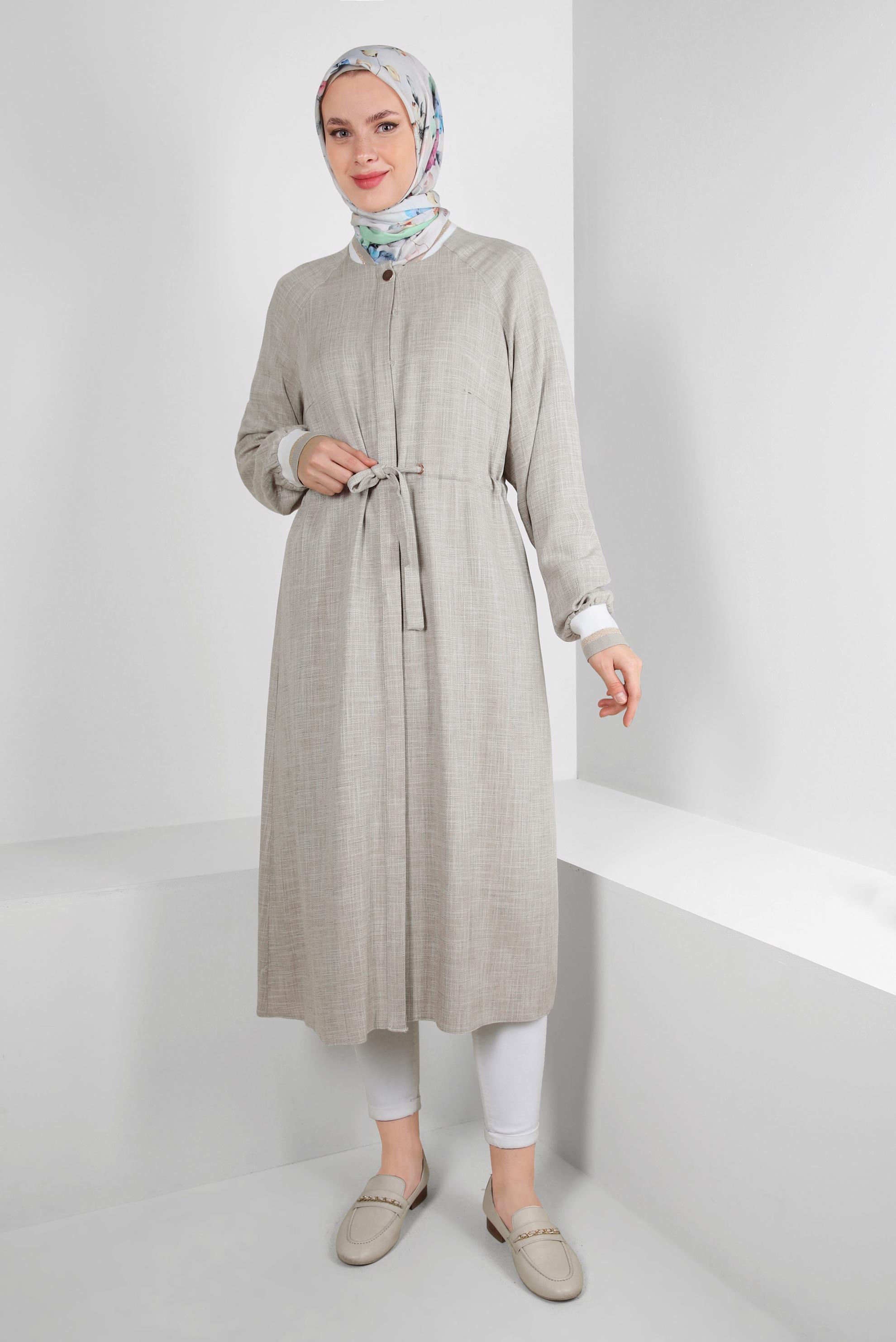 Tesettür giyim HAKİ BELİ BÜZGÜLÜ MANŞETLERİ LASTİKLİ TUNİK 43813