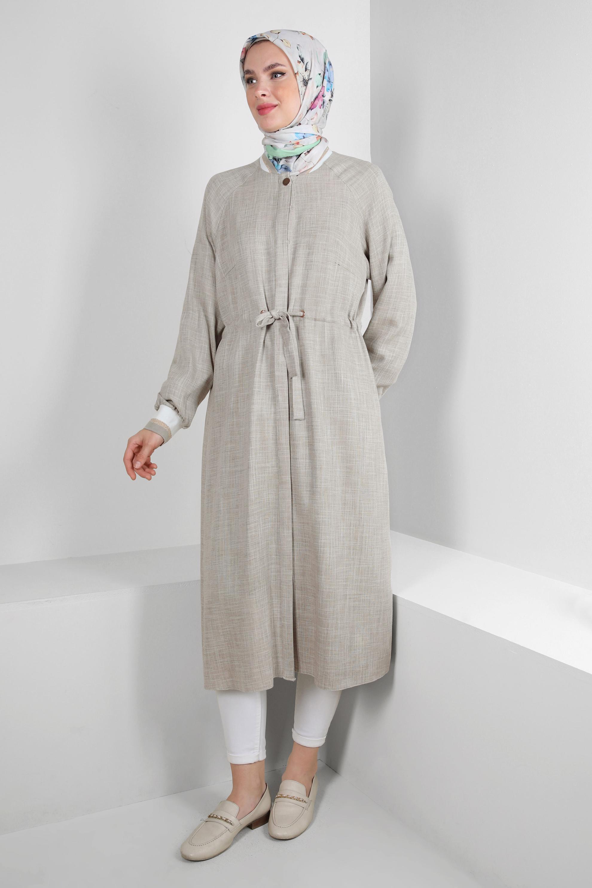 Tesettür giyim HAKİ BELİ BÜZGÜLÜ MANŞETLERİ LASTİKLİ TUNİK 43813