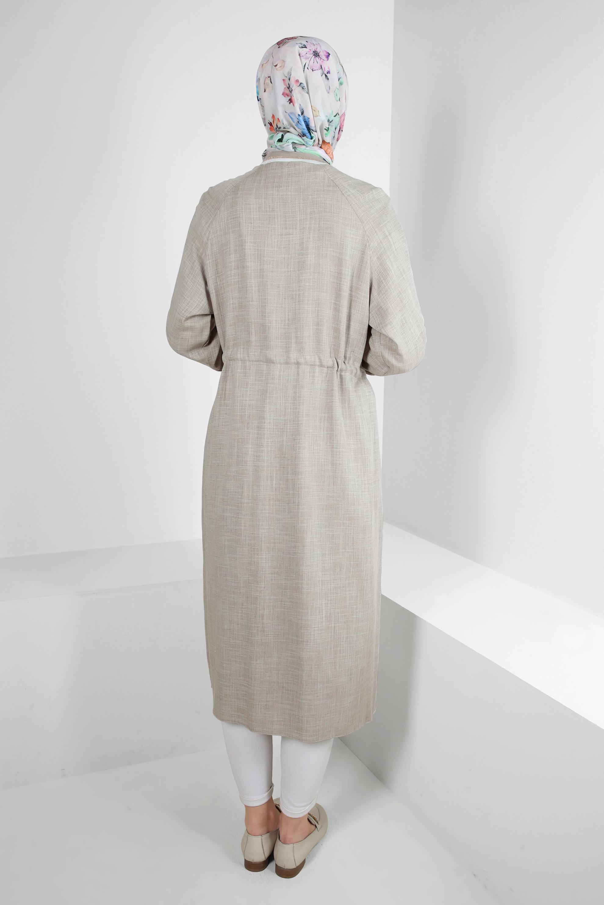 Tesettür giyim HAKİ BELİ BÜZGÜLÜ MANŞETLERİ LASTİKLİ TUNİK 43813