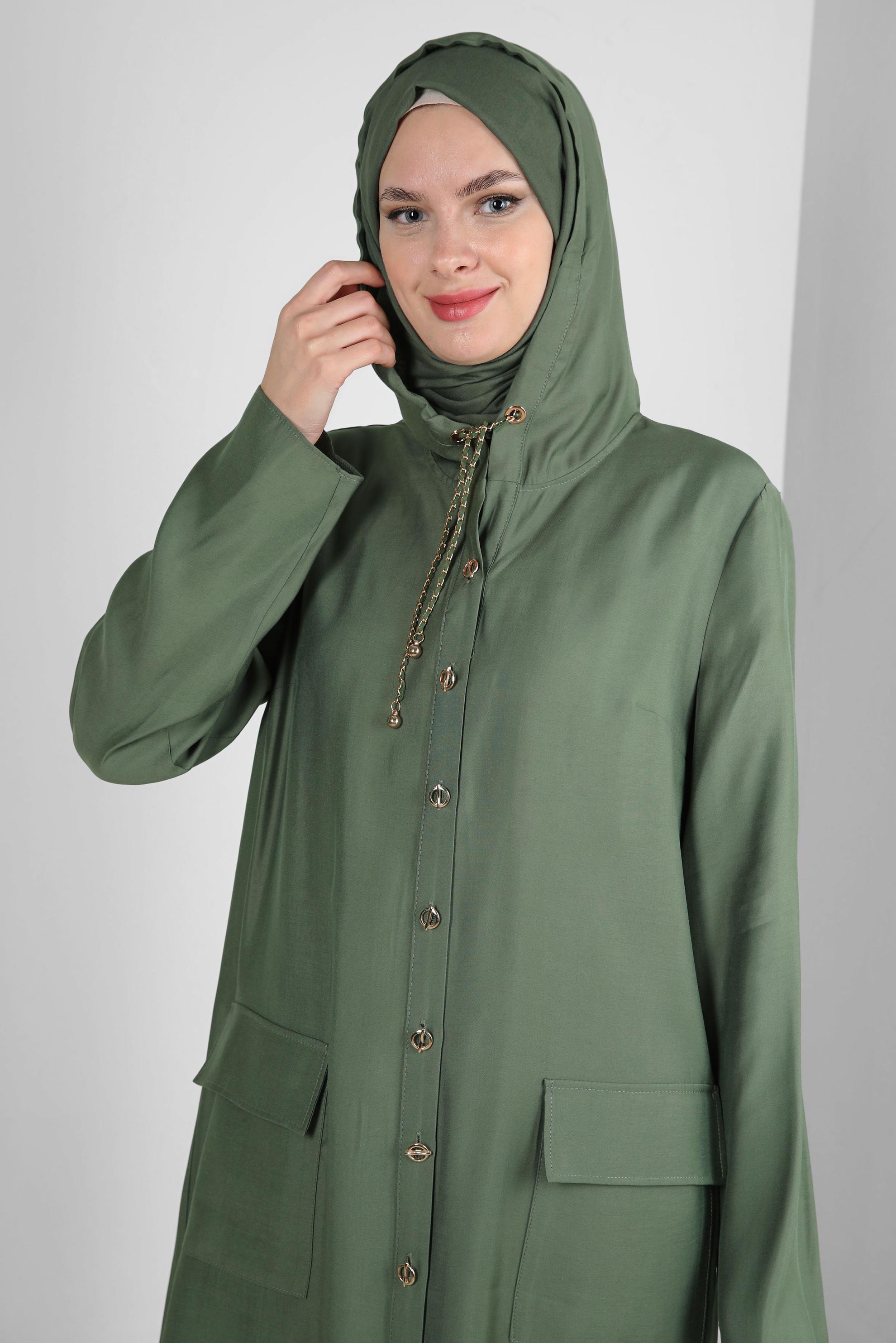 Tesettür giyim HAKİ KAPÜŞONU BÜZMELİ DÜĞMELİ TUNİK 43814