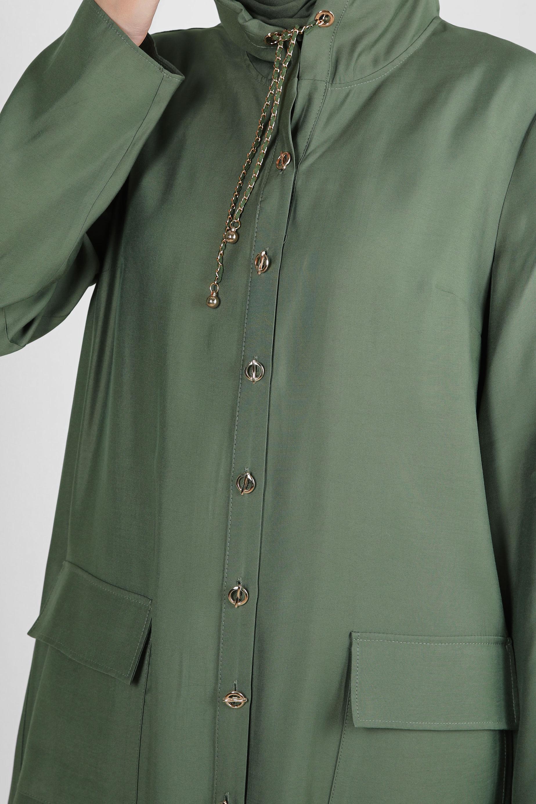 Tesettür giyim HAKİ KAPÜŞONU BÜZMELİ DÜĞMELİ TUNİK 43814