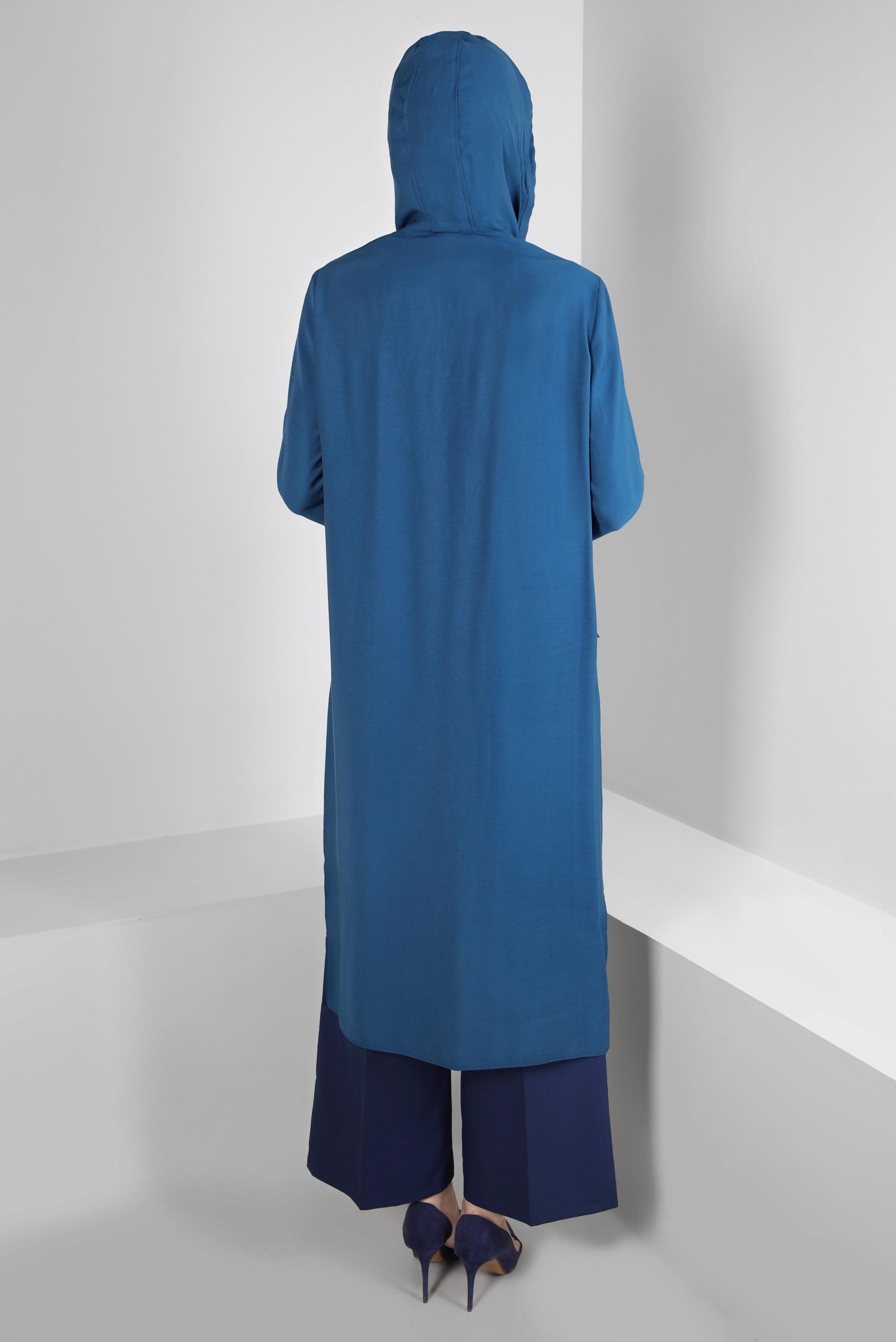 Tesettür giyim LACİVERT KAPÜŞONU BÜZMELİ DÜĞMELİ TUNİK 43814