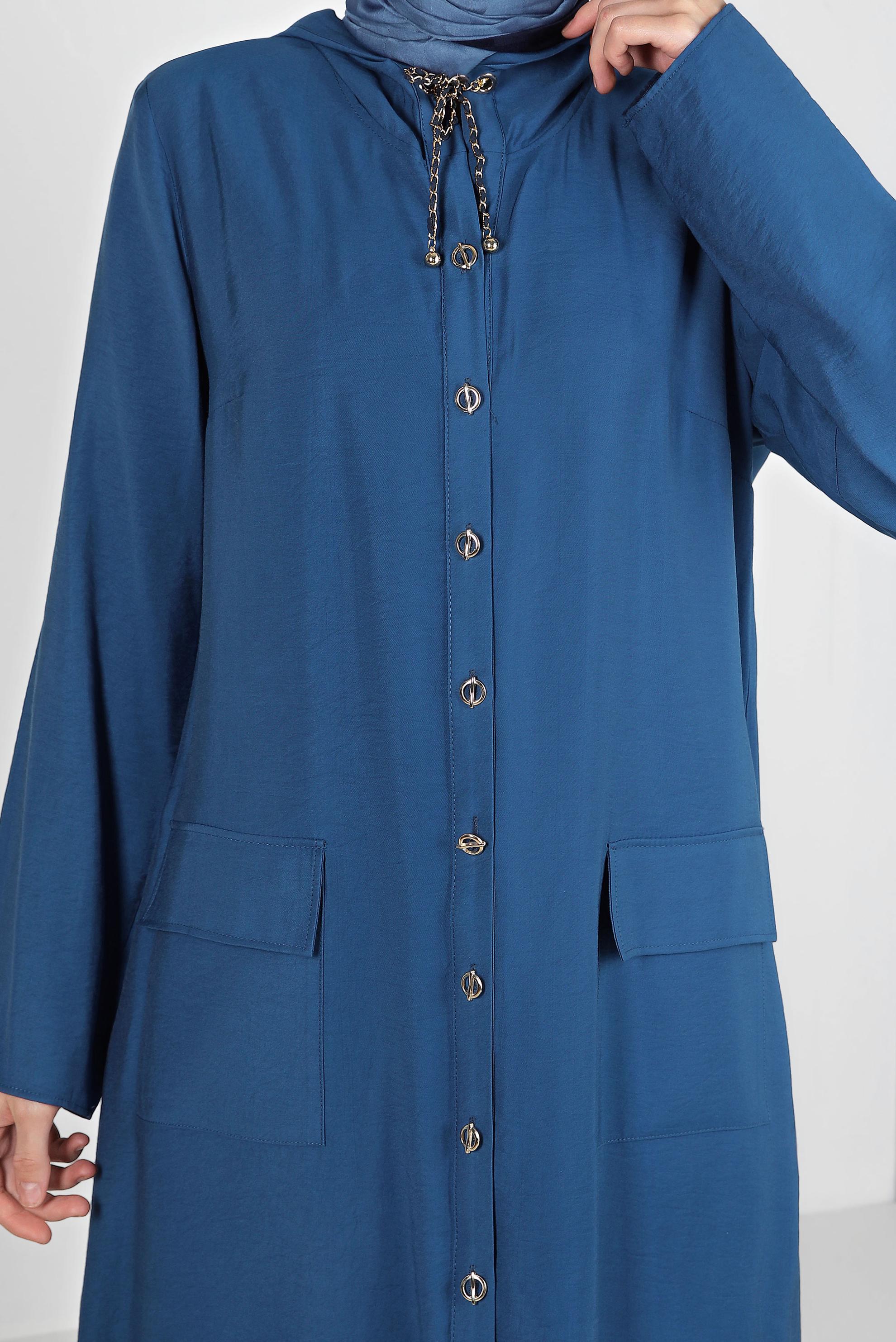 Tesettür giyim LACİVERT KAPÜŞONU BÜZMELİ DÜĞMELİ TUNİK 43814
