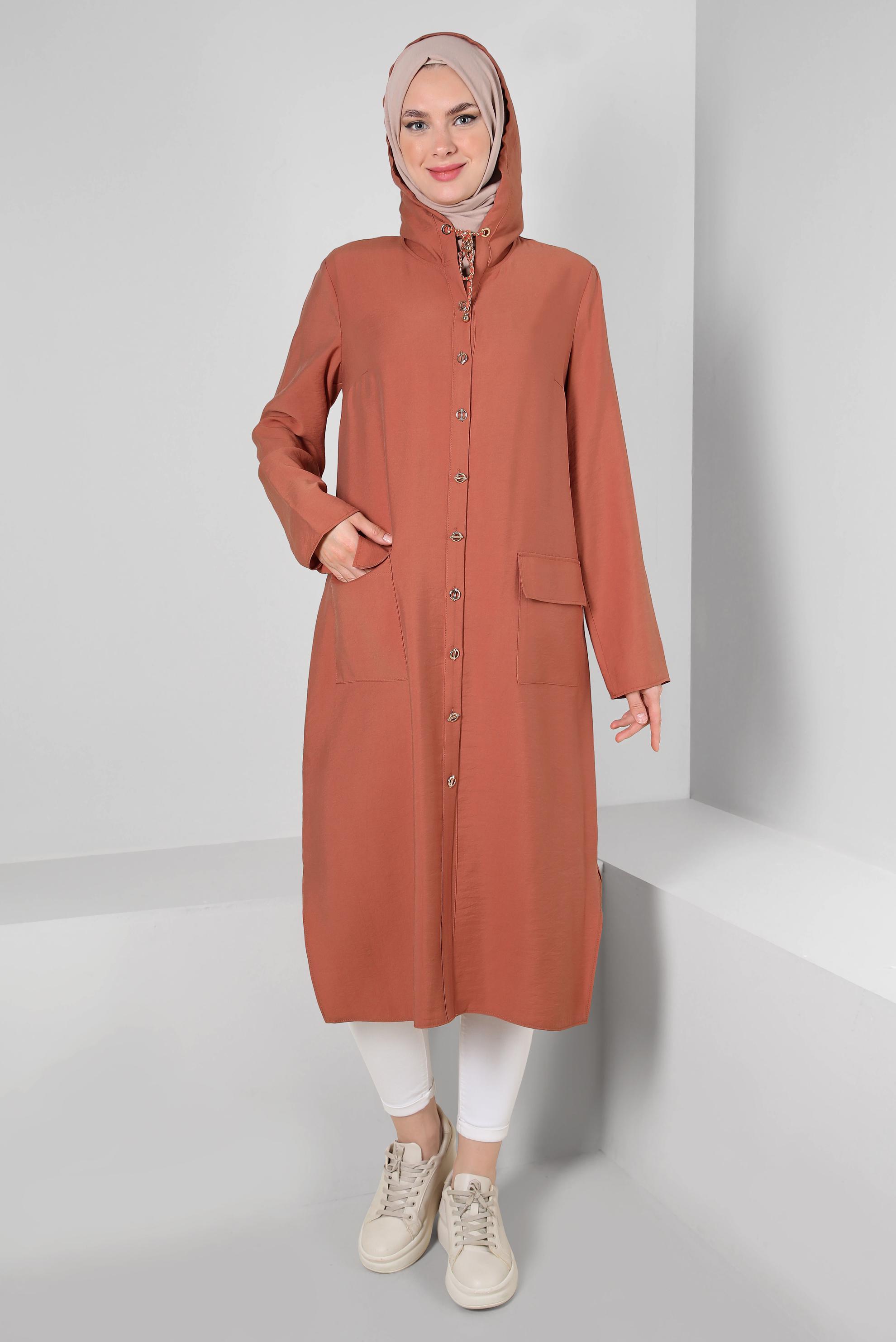 Tesettür giyim TURUNCU KAPÜŞONU BÜZMELİ DÜĞMELİ TUNİK 43814