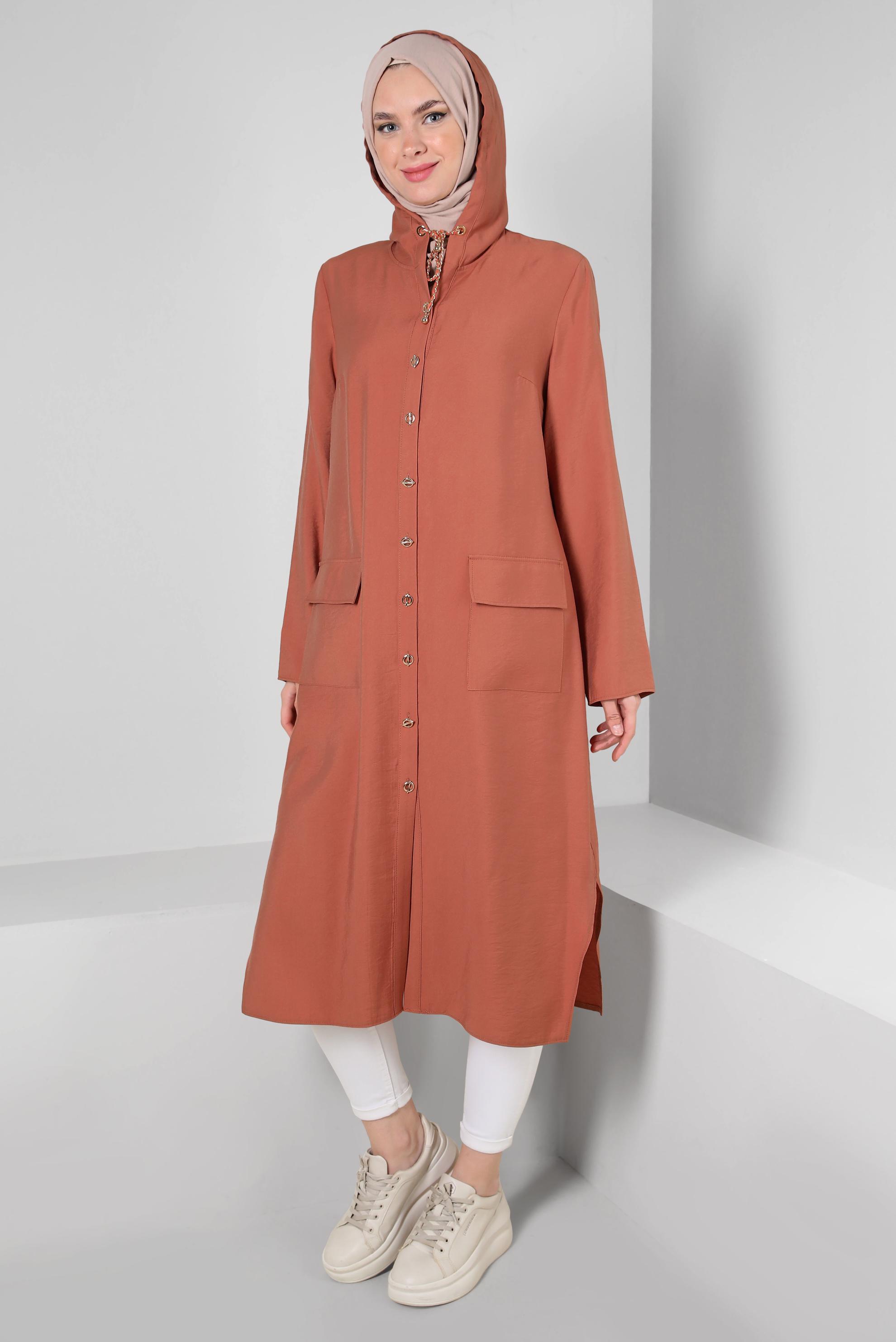 Tesettür giyim TURUNCU KAPÜŞONU BÜZMELİ DÜĞMELİ TUNİK 43814