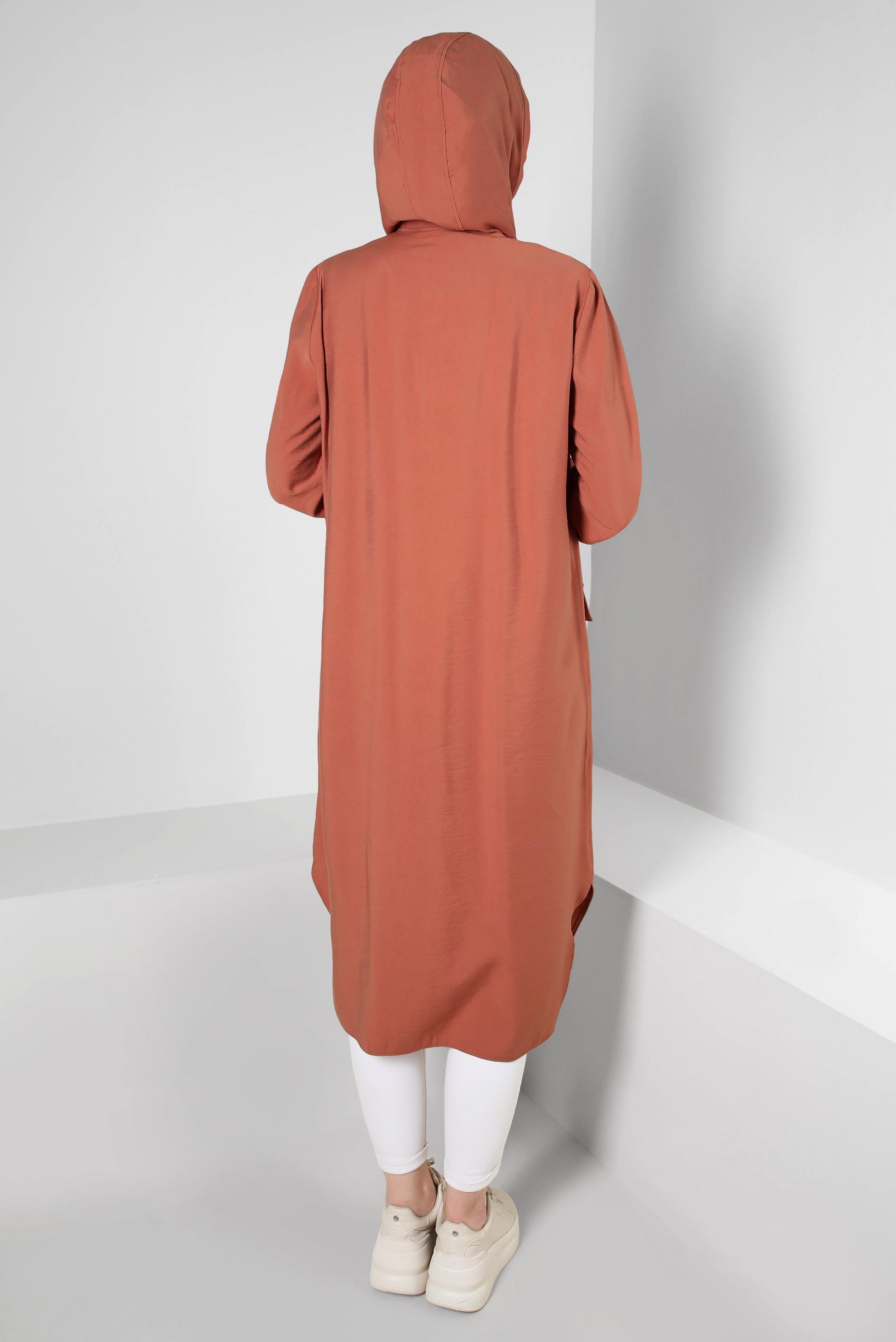 Tesettür giyim TURUNCU KAPÜŞONU BÜZMELİ DÜĞMELİ TUNİK 43814